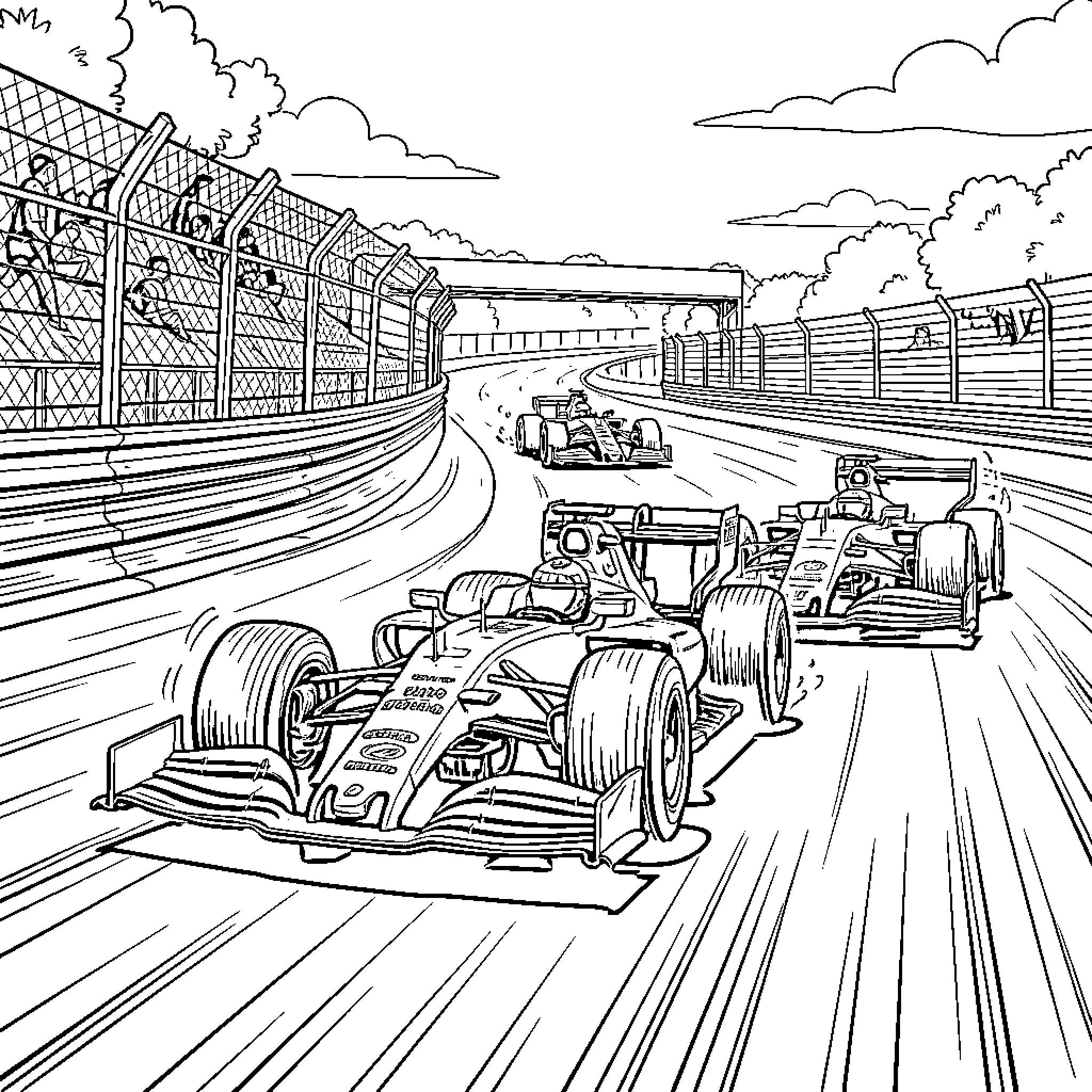 Formula 1 Race Rivalry on the Track Coloring Page (free black-and-white line drawing printable PDF for all, from beginners to advanced learners, including children, teens, adults, and seniors)