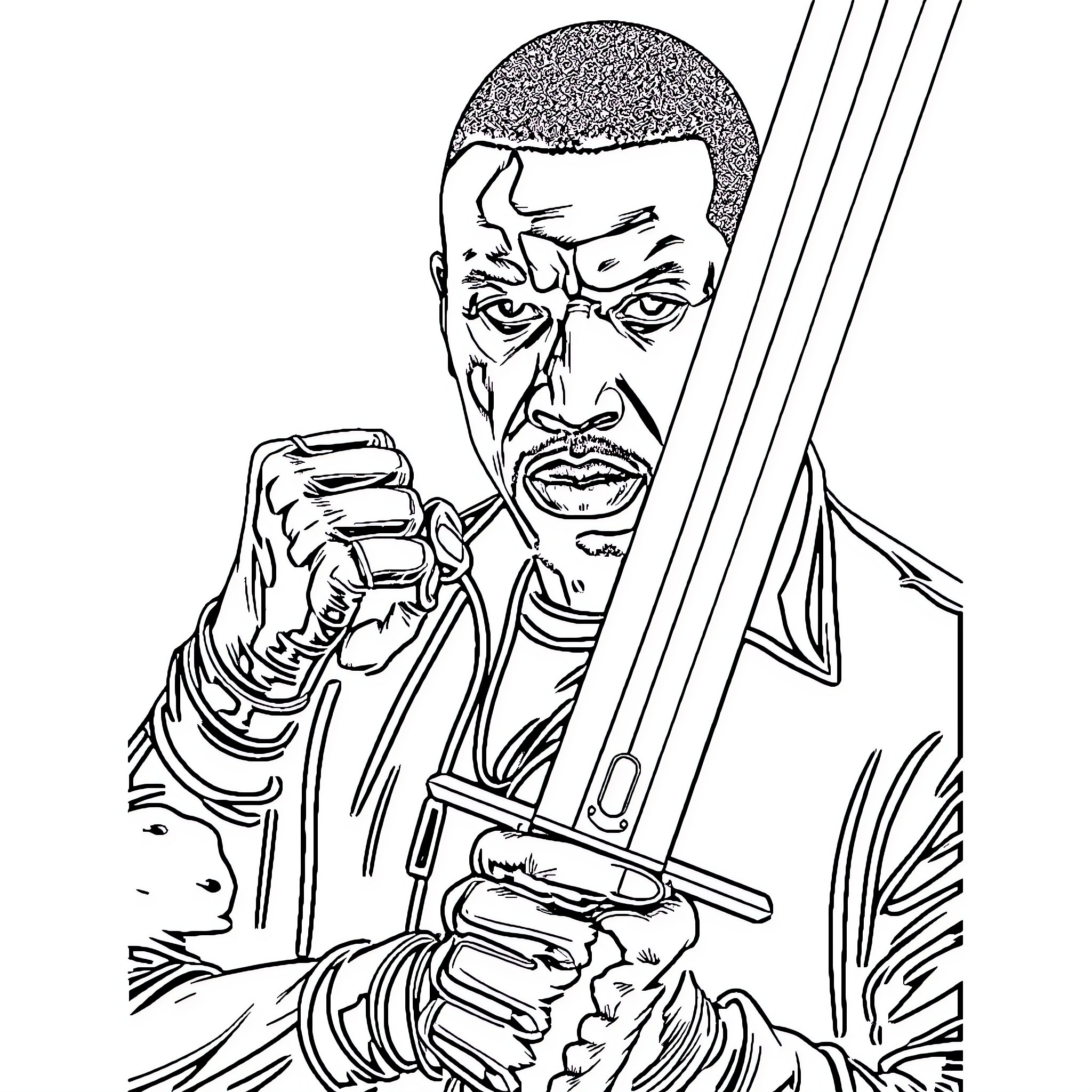 Wes Snipes as a focused action hero with determination Coloring Page (free black-and-white line drawing printable PDF for all, from beginners to advanced learners, including children, teens, adults, and seniors)