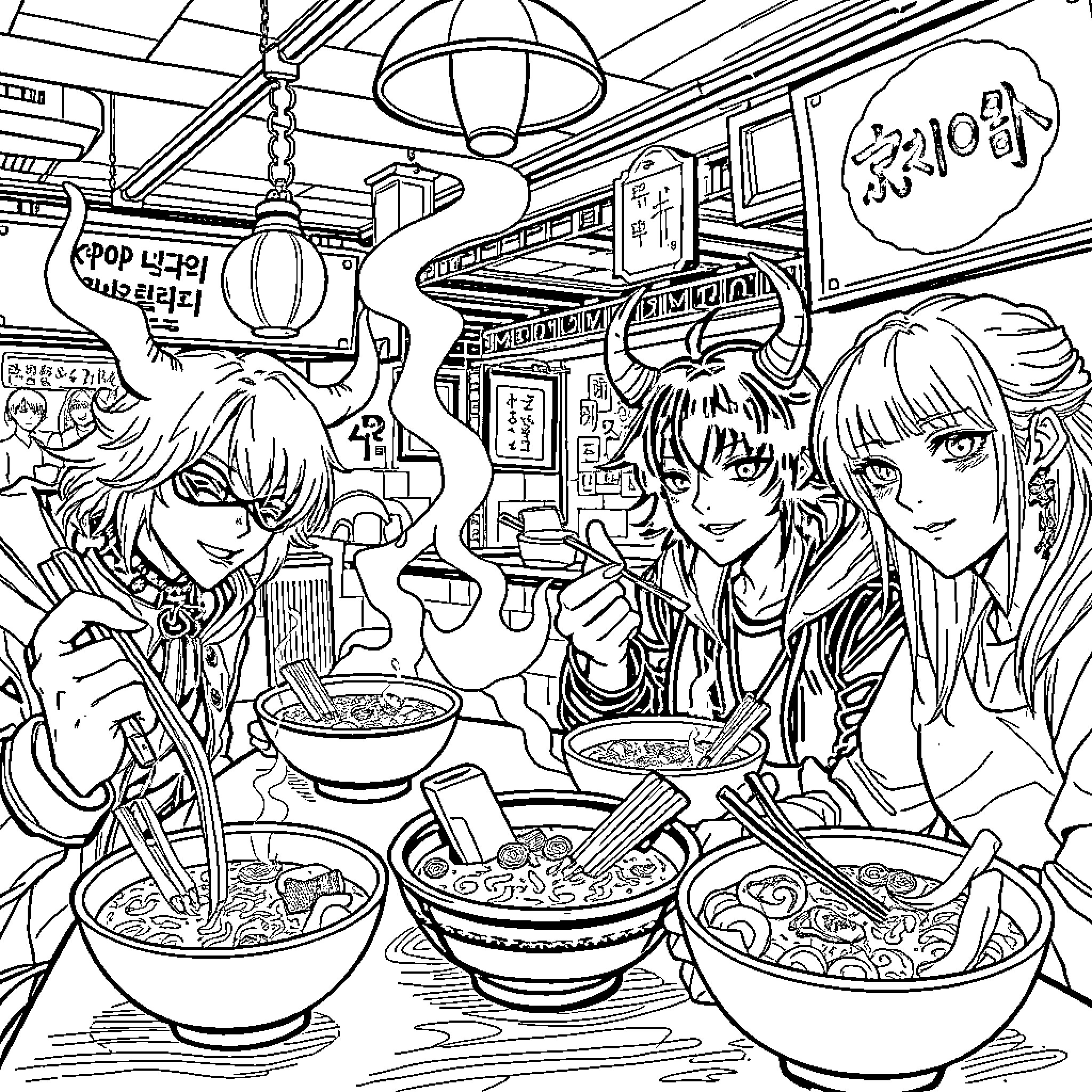 Kpop Demon Hunters Enjoying Ramen in a Lively Cafe Coloring Page (free black-and-white line drawing printable PDF for all, from beginners to advanced learners, including children, teens, adults, and seniors)