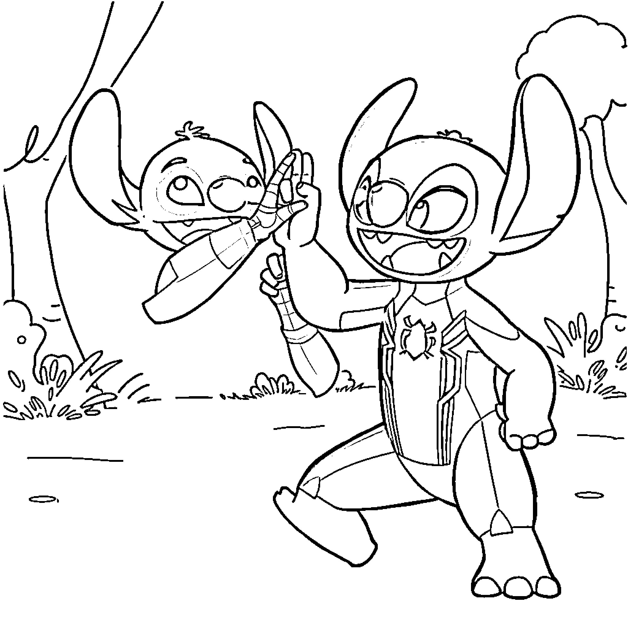 Miles Morales and Stitch playing together in the woods Coloring Page (free black-and-white line drawing printable PDF for all, from beginners to advanced learners, including children, teens, adults, and seniors)