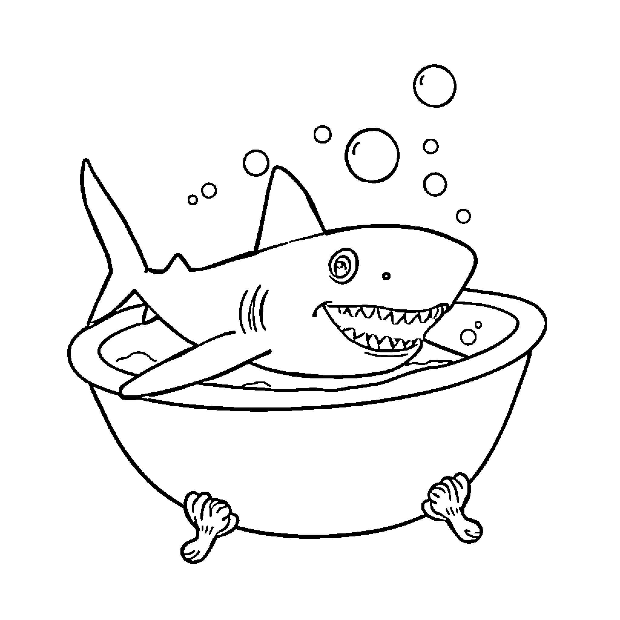 Shark enjoying a relaxing bath Coloring Page (free black-and-white line drawing printable PDF for all, from beginners to advanced learners, including children, teens, adults, and seniors)