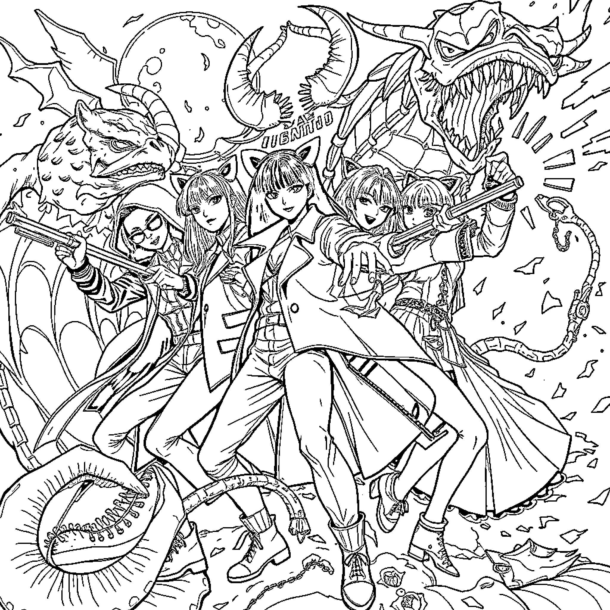 Demonhunter Team Battling Fierce Otherworldly Creatures Coloring Page (free black-and-white line drawing printable PDF for all, from beginners to advanced learners, including children, teens, adults, and seniors)