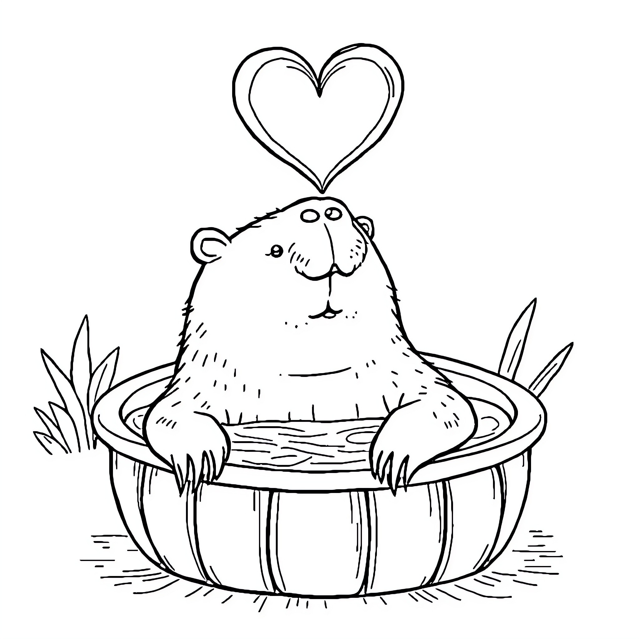 Capybara lounging in heart-shaped pool Coloring Page (free black-and-white line drawing printable PDF for all, from beginners to advanced learners, including children, teens, adults, and seniors)