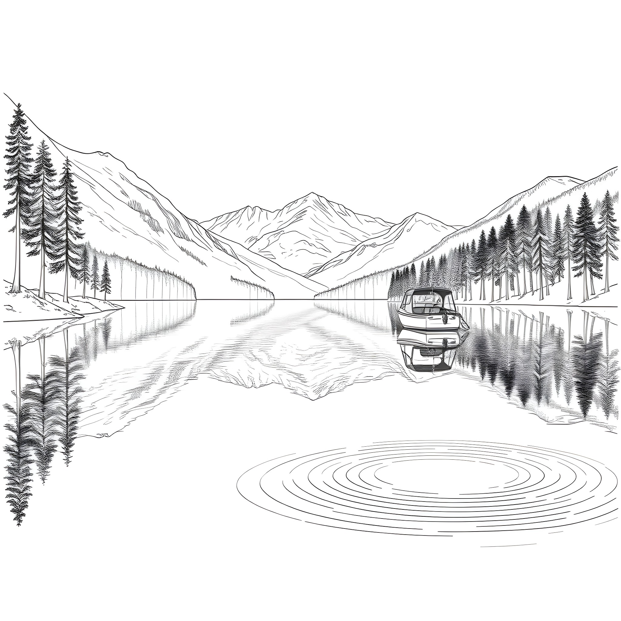 So Serene Landscape with Boat Reflecting on Calm Lake Coloring Page (free black-and-white line drawing printable PDF for all, from beginners to advanced learners, including children, teens, adults, and seniors)