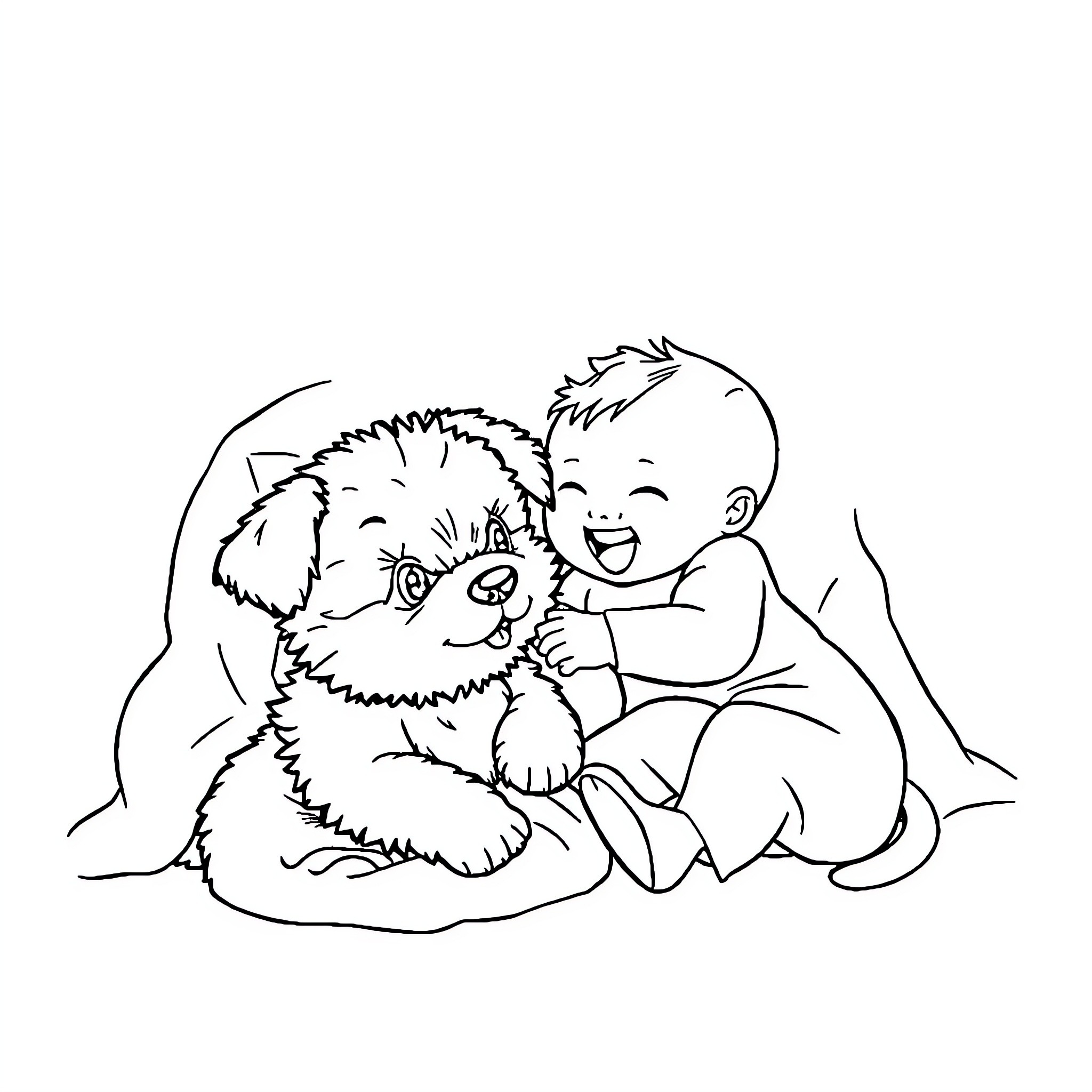 Puppy snuggling happily with child Coloring Page (free black-and-white line drawing printable PDF for all, from beginners to advanced learners, including children, teens, adults, and seniors)