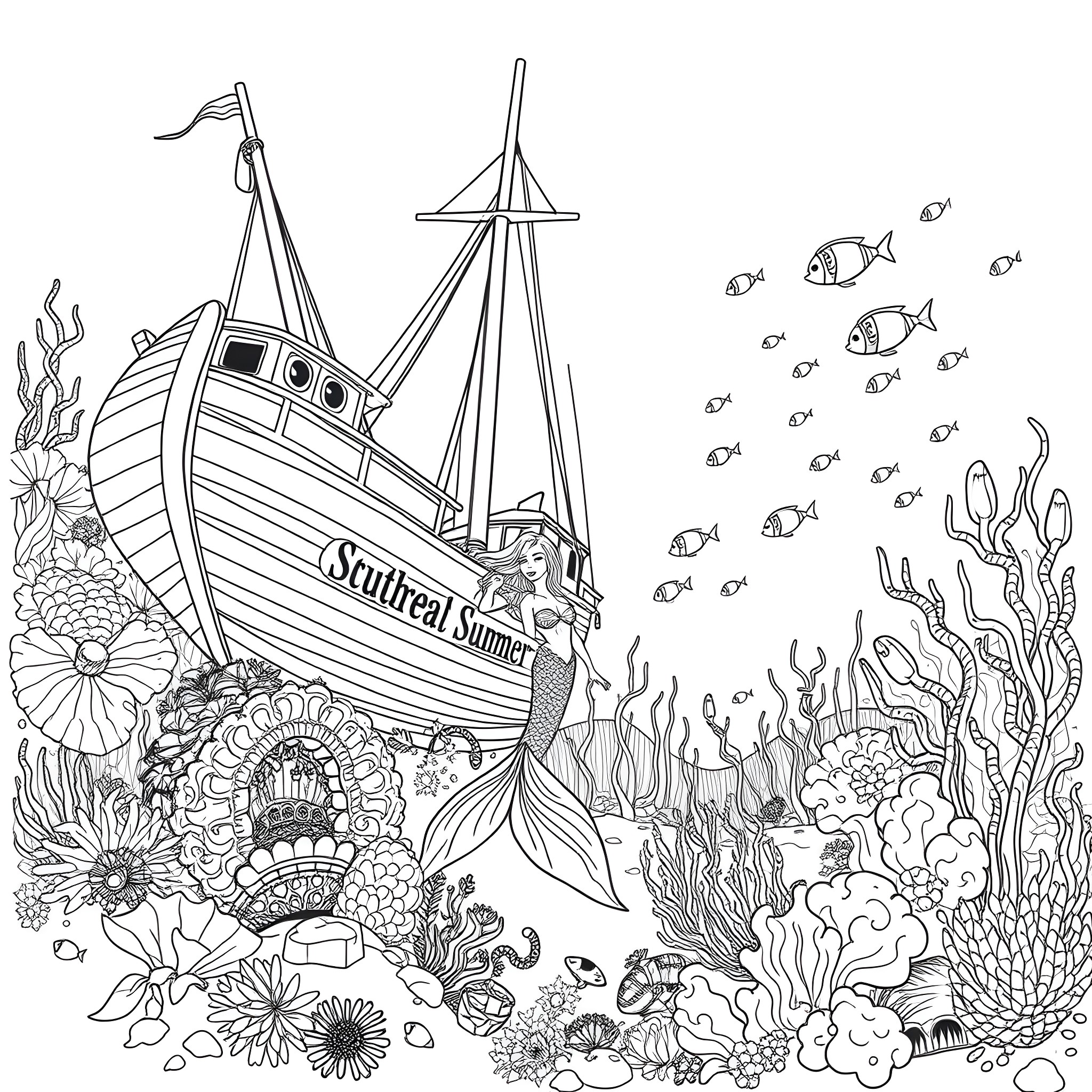 Mermaid and the Shipwrecked Sailor in the Underwater Seascape Coloring Page (free black-and-white line drawing printable PDF for all, from beginners to advanced learners, including children, teens, adults, and seniors)