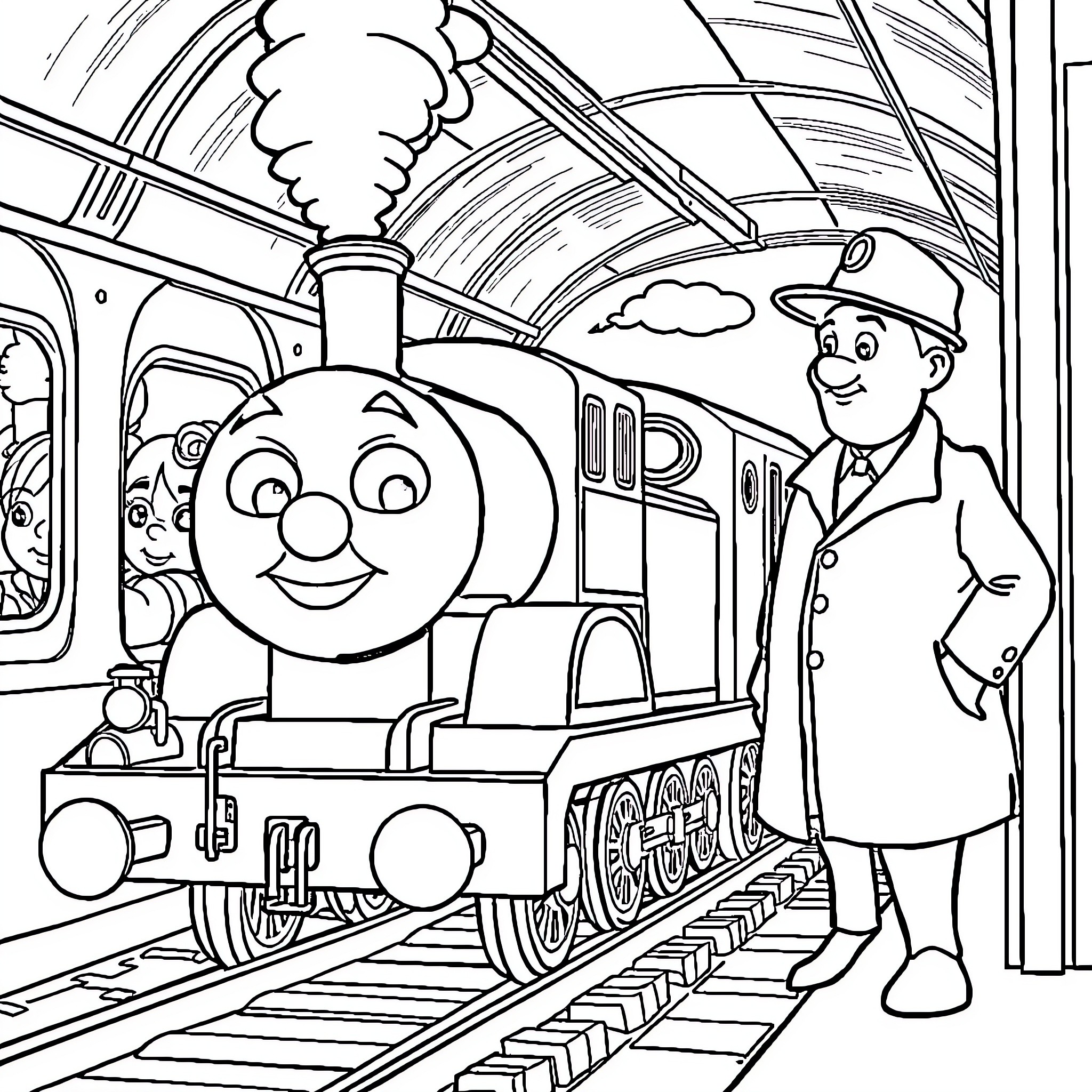 Thomas and the Friendly Train Conductor Coloring Page (free black-and-white line drawing printable PDF for all, from beginners to advanced learners, including children, teens, adults, and seniors)