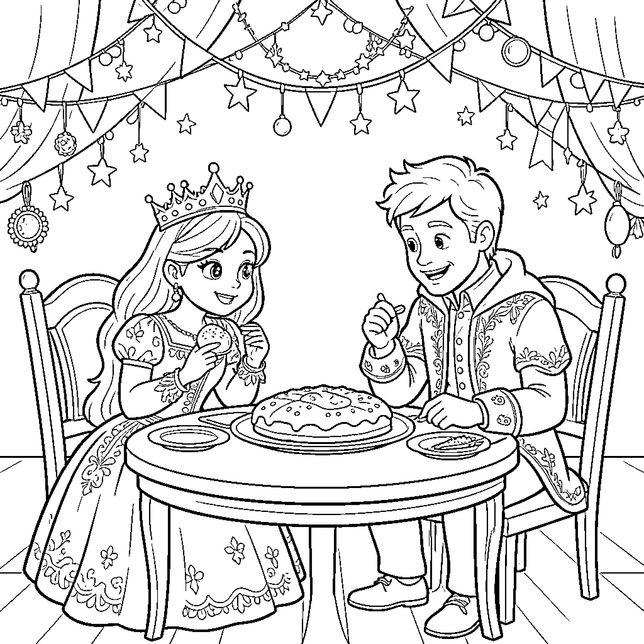 Princess and prince sharing a cake at a table Coloring Page (free black-and-white line drawing printable PDF for all, from beginners to advanced learners, including children, teens, adults, and seniors)