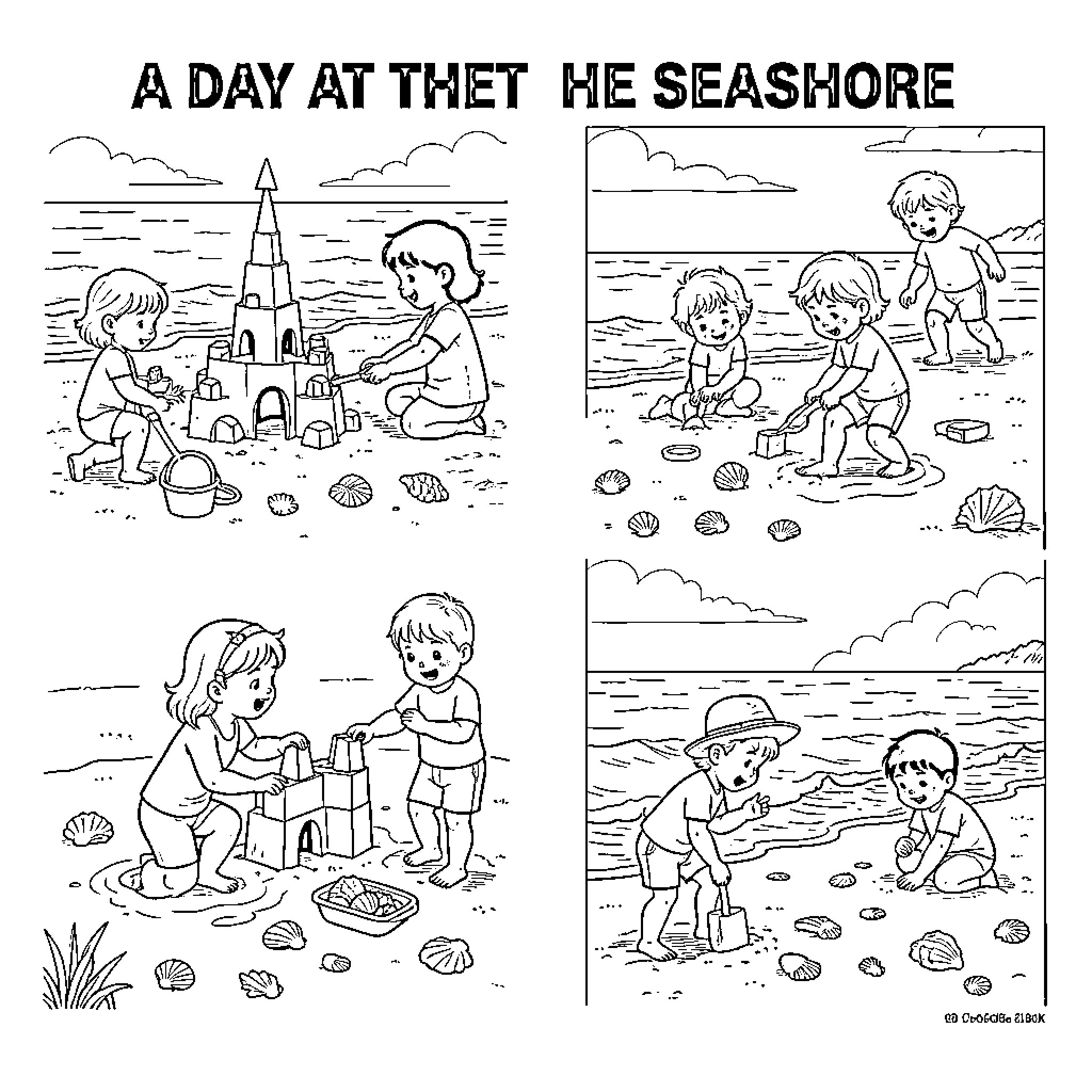 Seashore scenes of children playing with sand and buckets Coloring Page (free black-and-white line drawing printable PDF for all, from beginners to advanced learners, including children, teens, adults, and seniors)