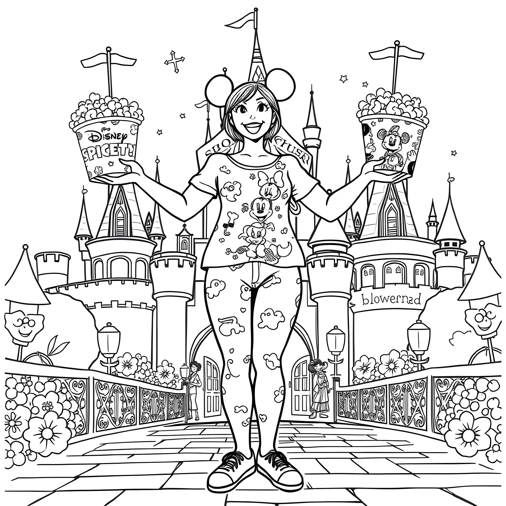 Woman in Disney-themed outfit posing at theme park Coloring Page (free black-and-white line drawing printable PDF for all, from beginners to advanced learners, including children, teens, adults, and seniors)