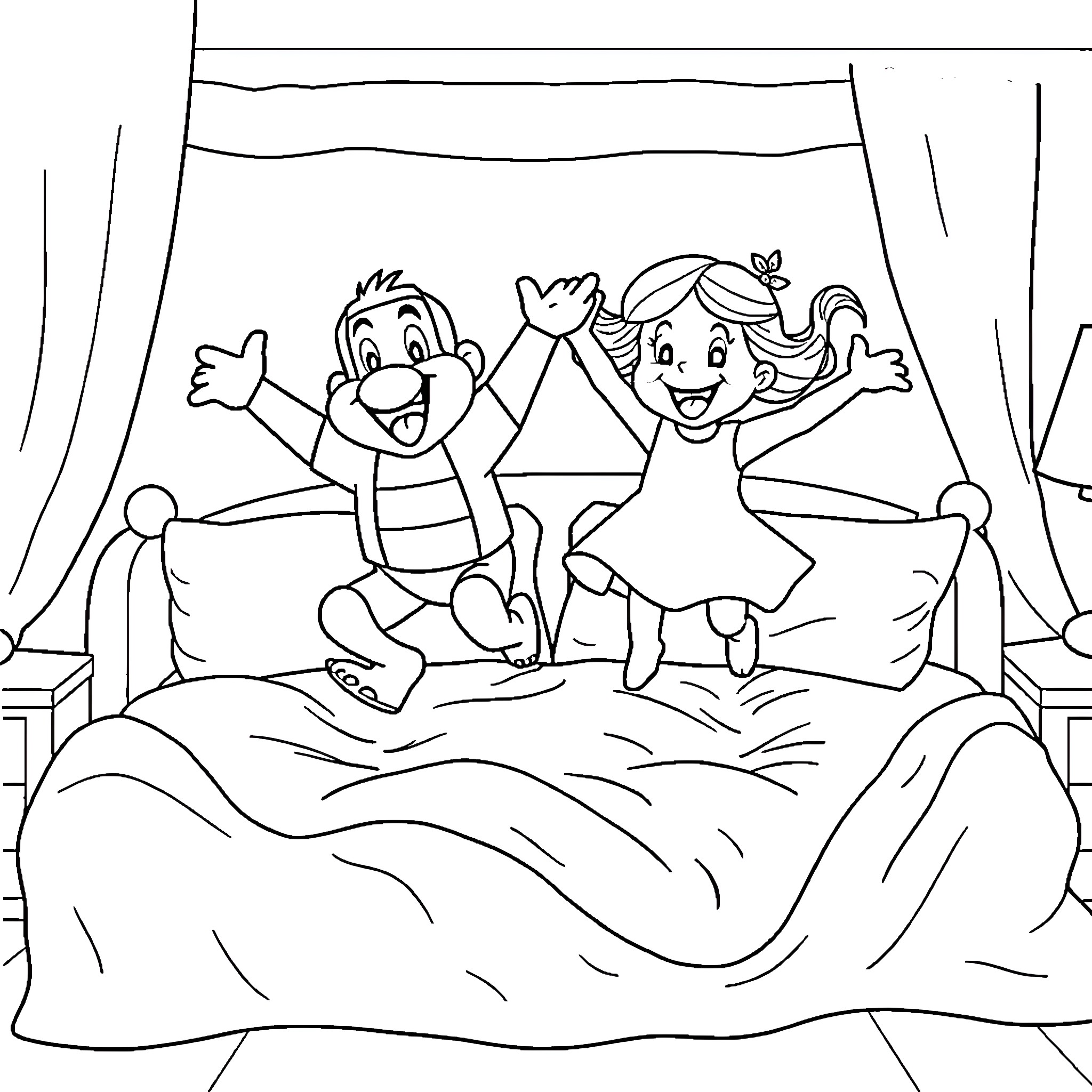 Franklin and friend jumping on the bed happily Coloring Page (free black-and-white line drawing printable PDF for all, from beginners to advanced learners, including children, teens, adults, and seniors)