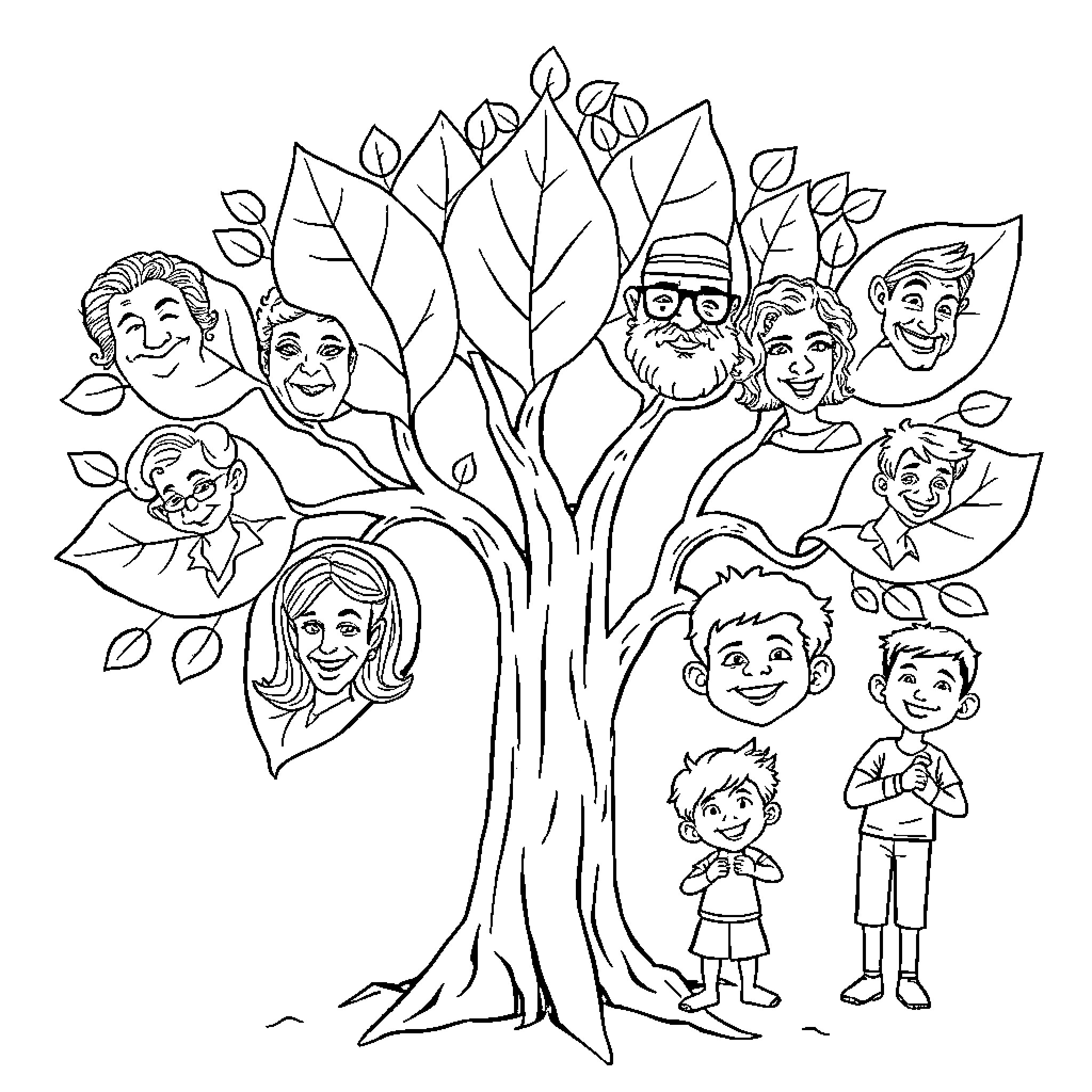 Family Tree with Diverse Family Members Coloring Page (free black-and-white line drawing printable PDF for all, from beginners to advanced learners, including children, teens, adults, and seniors)