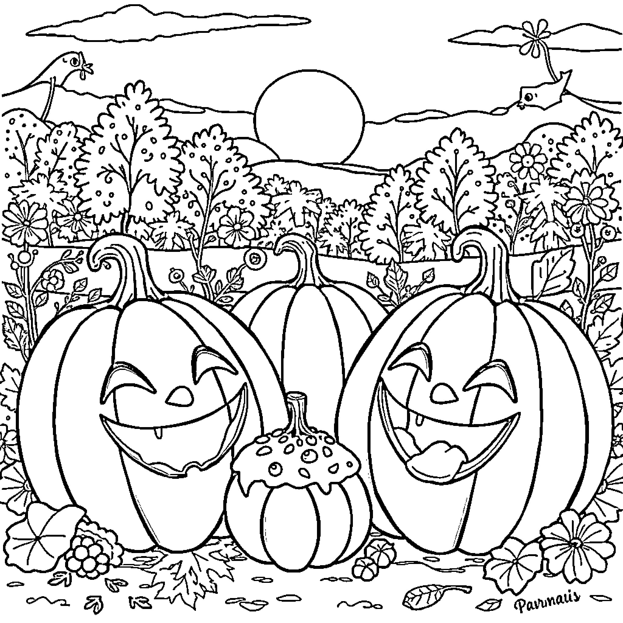 Pumpkins smiling in a scenic autumn landscape Coloring Page (free black-and-white line drawing printable PDF for all, from beginners to advanced learners, including children, teens, adults, and seniors)