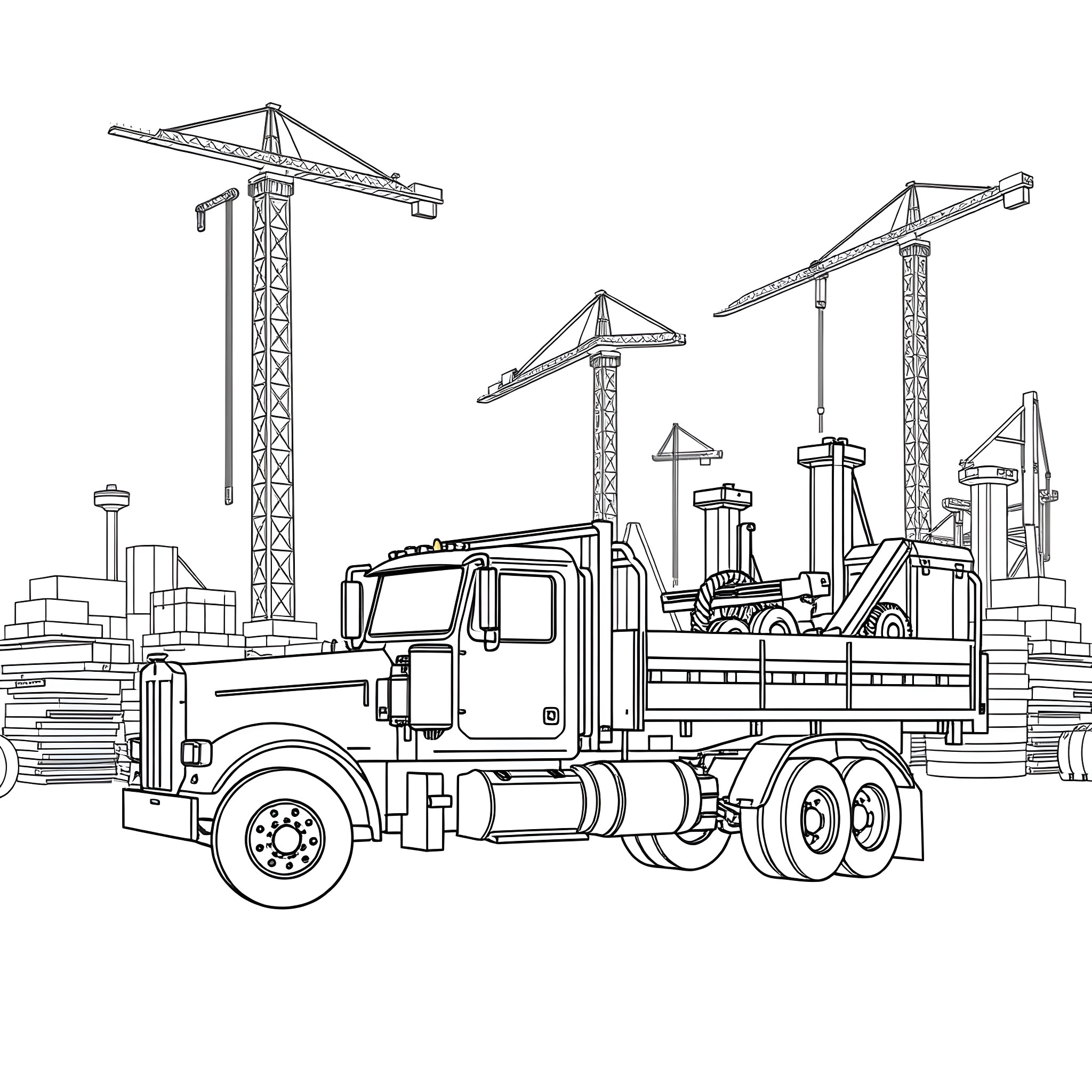 Flatbed Truck Transporting Construction Equipment at Worksite Coloring Page (free black-and-white line drawing printable PDF for all, from beginners to advanced learners, including children, teens, adults, and seniors)