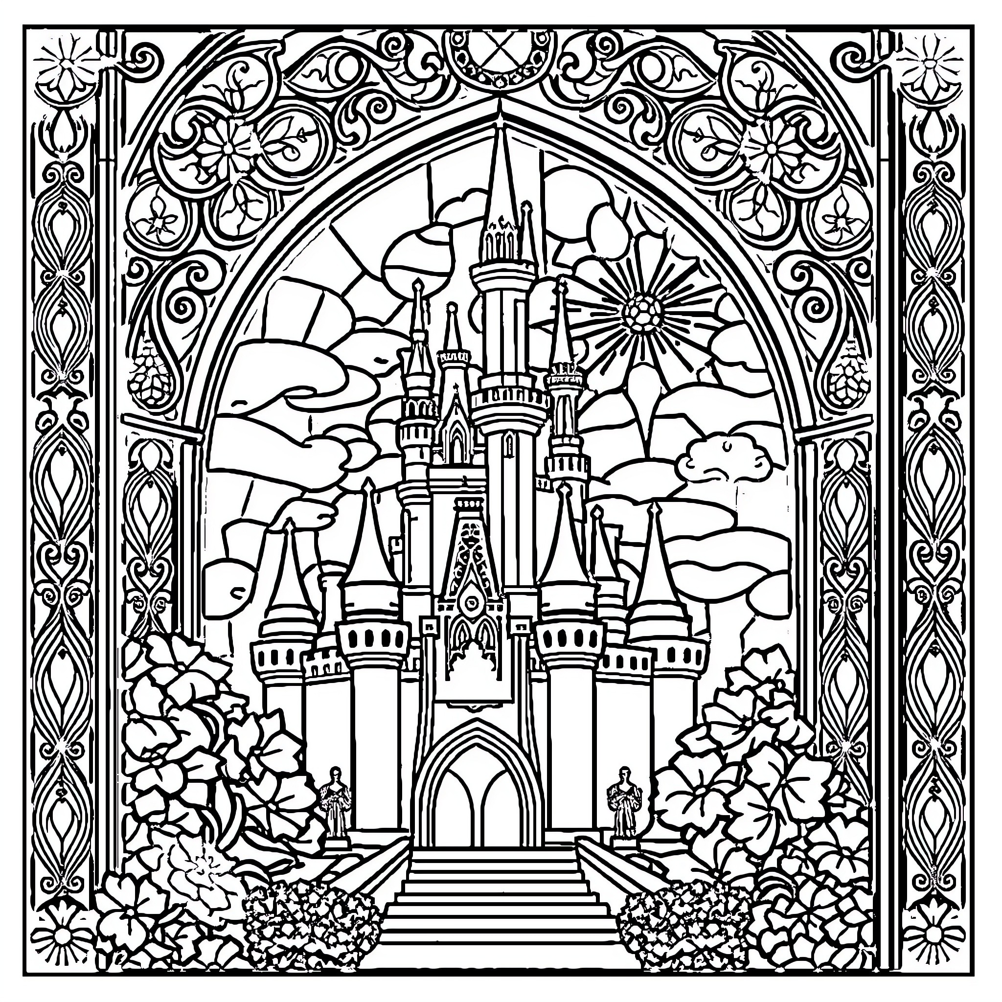 Castle of enchantment and wonder Coloring Page (free black-and-white line drawing printable PDF for all, from beginners to advanced learners, including children, teens, adults, and seniors)