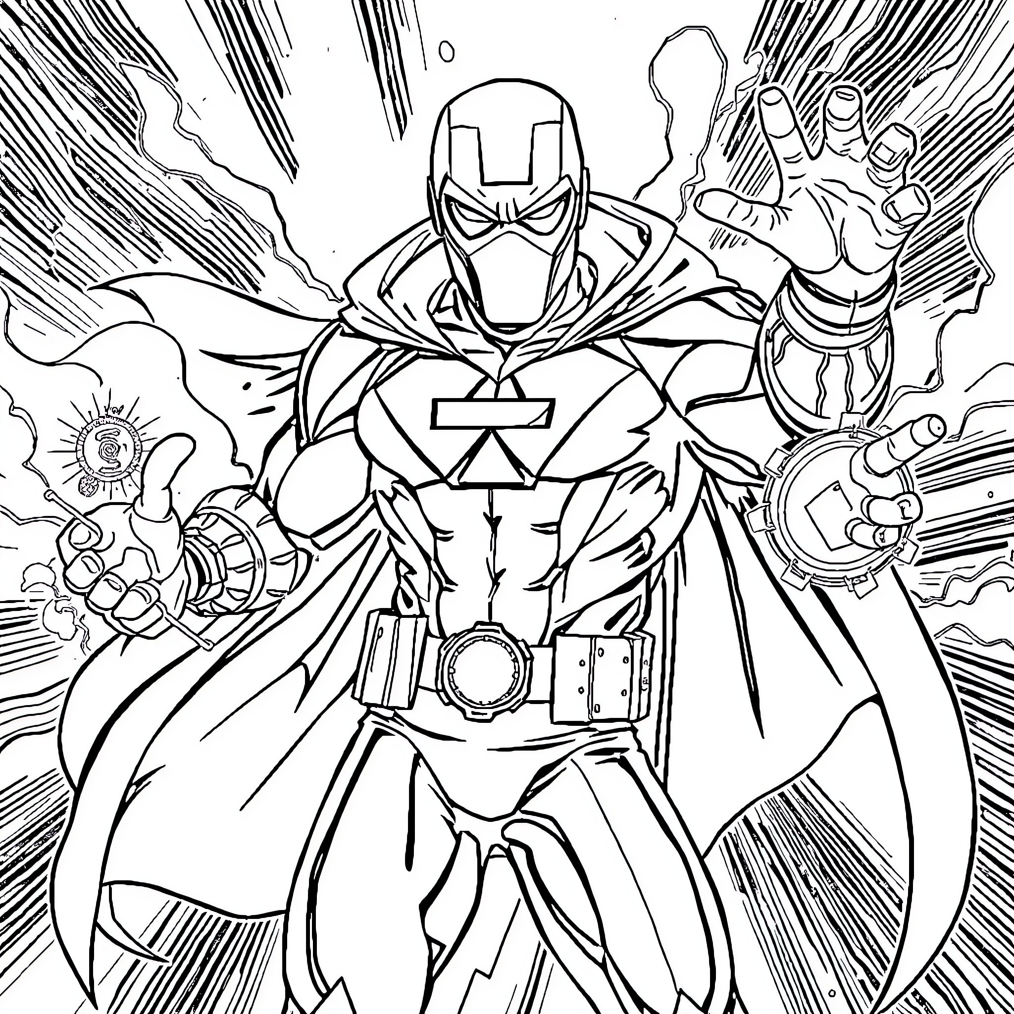 Marvel Character in Heroic Stance with Technological Enhancements Coloring Page (free black-and-white line drawing printable PDF for all, from beginners to advanced learners, including children, teens, adults, and seniors)