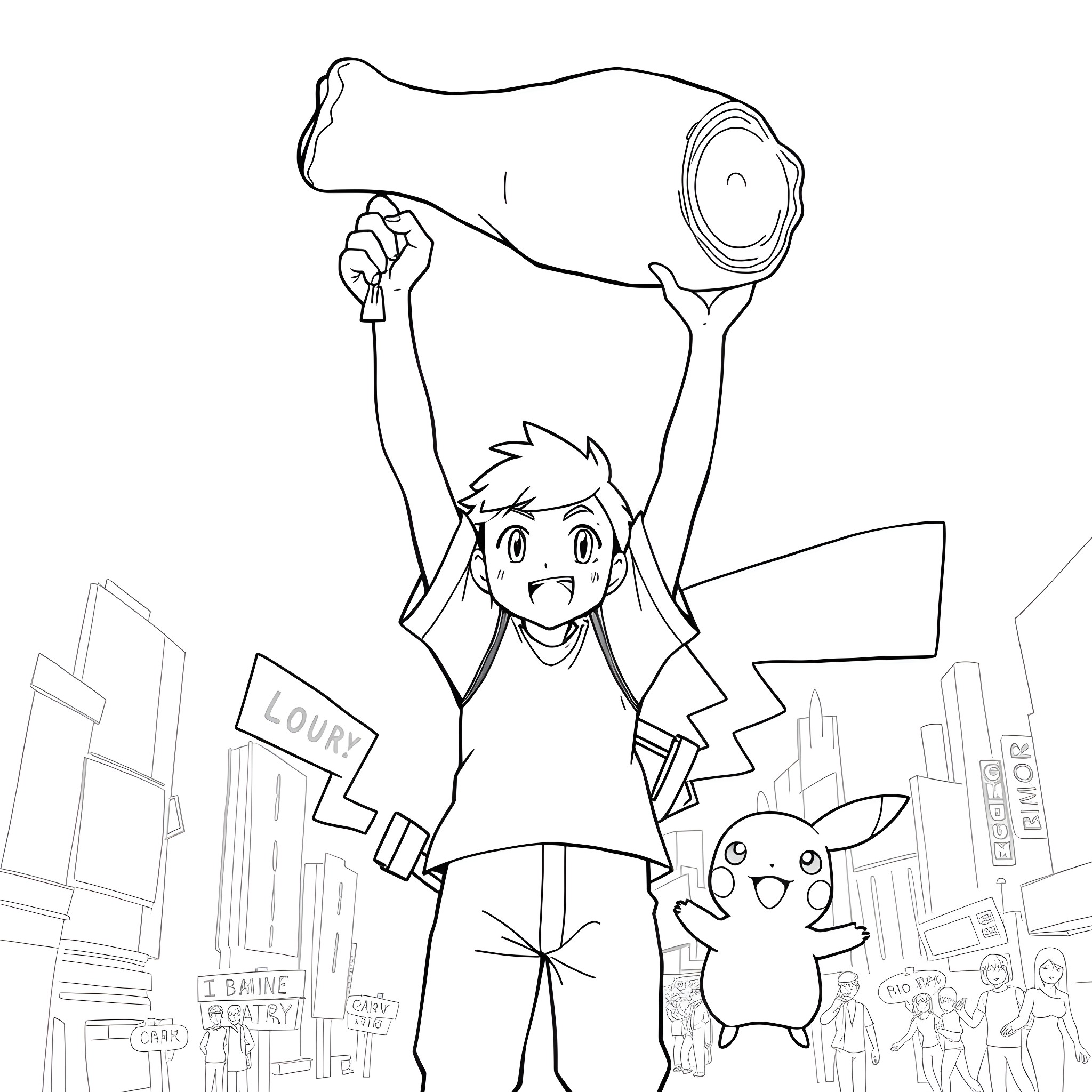 Ash Ketchum triumphantly raises his Pokémon in the city Coloring Page (free black-and-white line drawing printable PDF for all, from beginners to advanced learners, including children, teens, adults, and seniors)