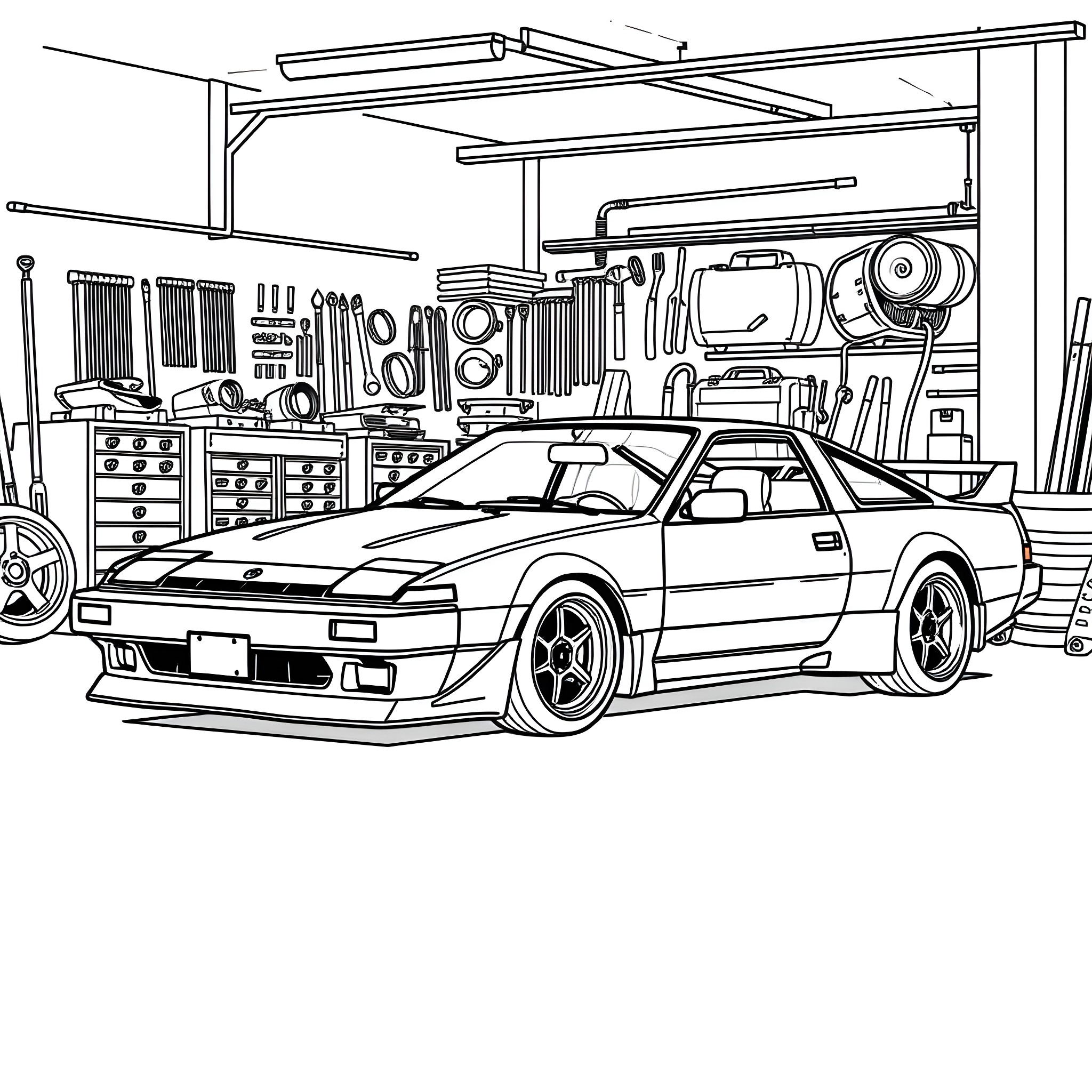 Nissan 180sx in auto repair workshop Coloring Page (free black-and-white line drawing printable PDF for all, from beginners to advanced learners, including children, teens, adults, and seniors)