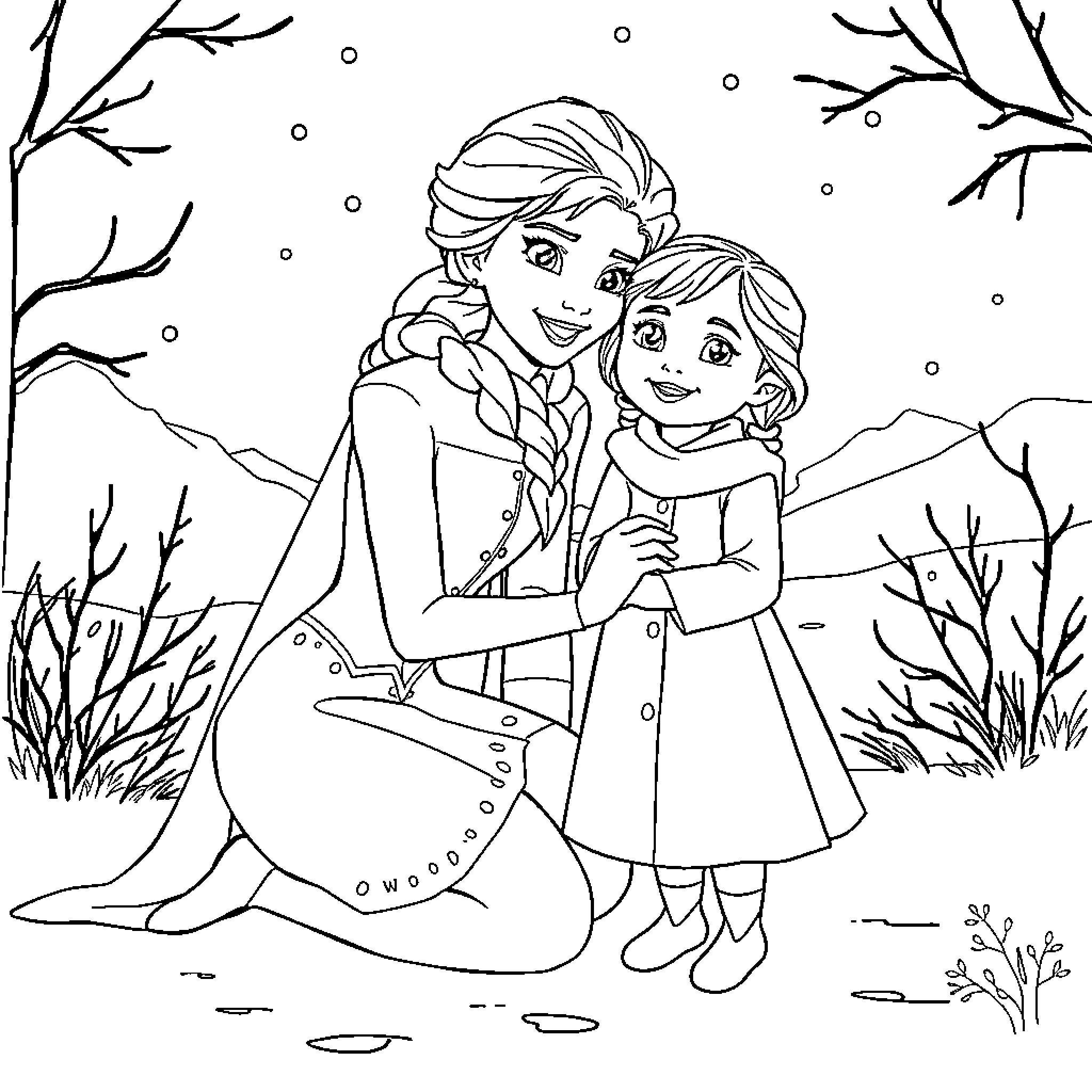 Elsa and Anna embracing in a winter wonderland Coloring Page (free black-and-white line drawing printable PDF for all, from beginners to advanced learners, including children, teens, adults, and seniors)