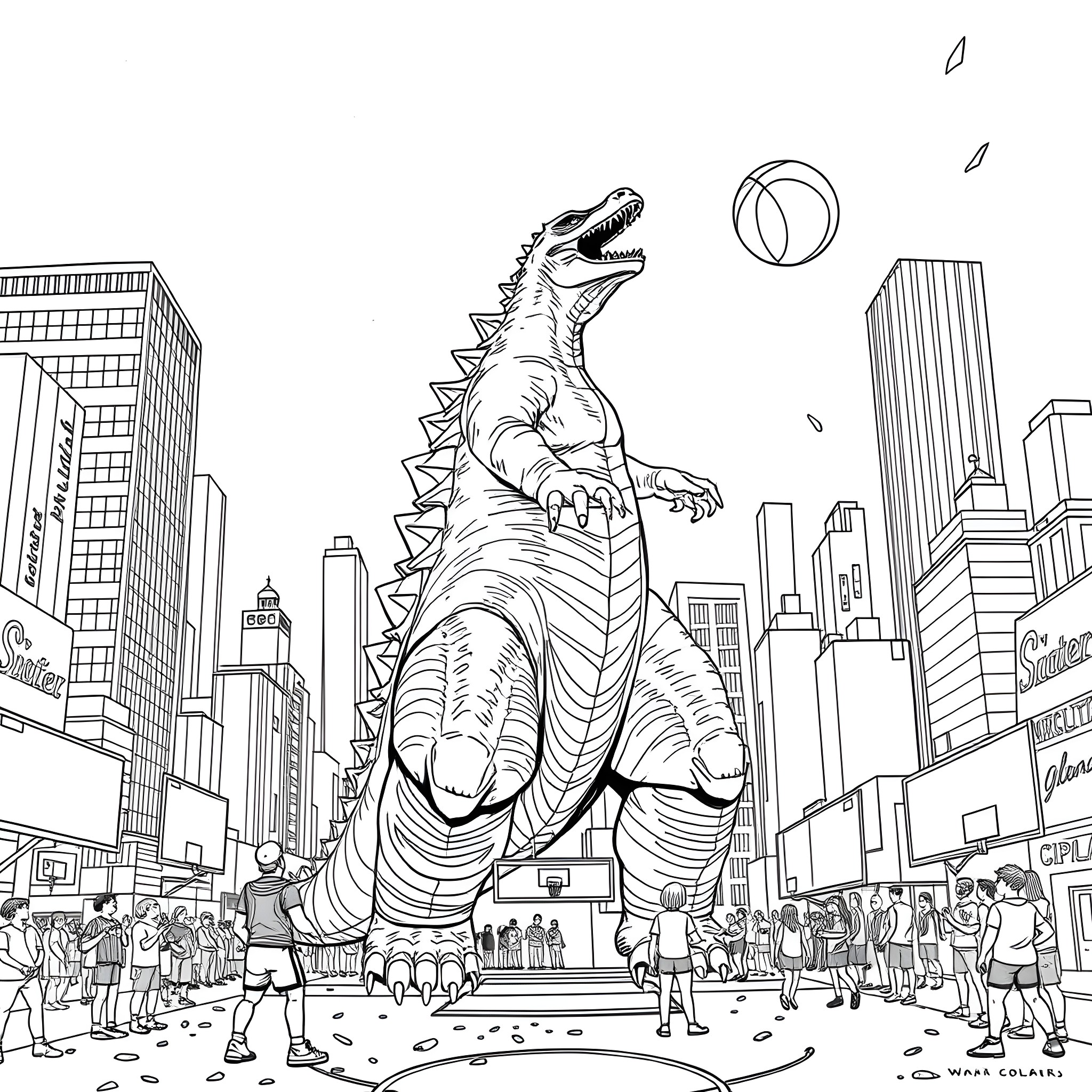 Godzilla stomping through the city streets Coloring Page (free black-and-white line drawing printable PDF for all, from beginners to advanced learners, including children, teens, adults, and seniors)