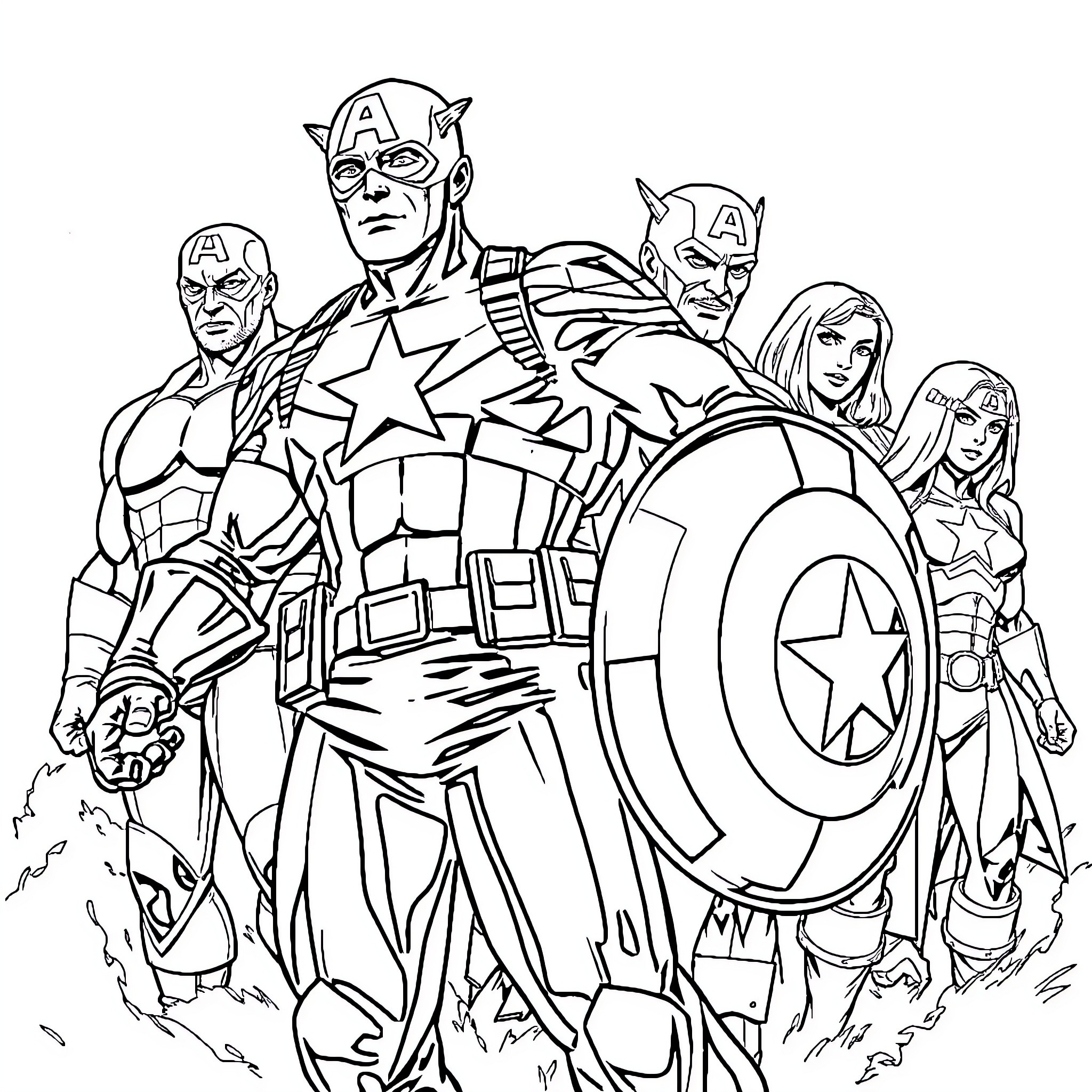 Captain America and his superhero team in action Coloring Page (free black-and-white line drawing printable PDF for all, from beginners to advanced learners, including children, teens, adults, and seniors)