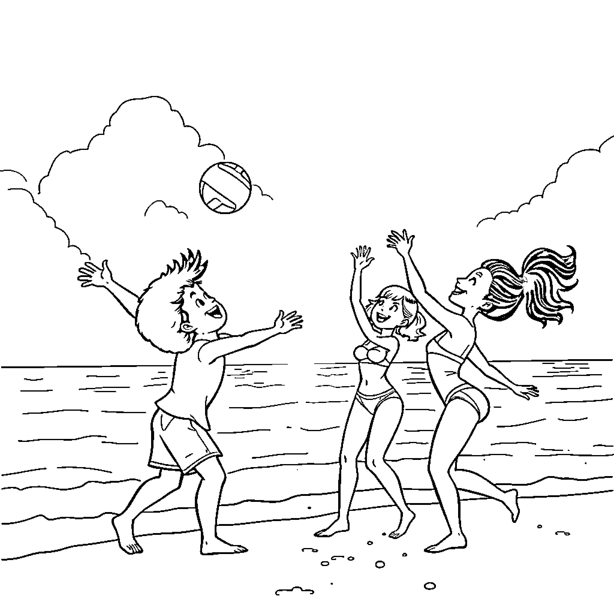 Tata children playing with beach ball on the shore Coloring Page (free black-and-white line drawing printable PDF for all, from beginners to advanced learners, including children, teens, adults, and seniors)
