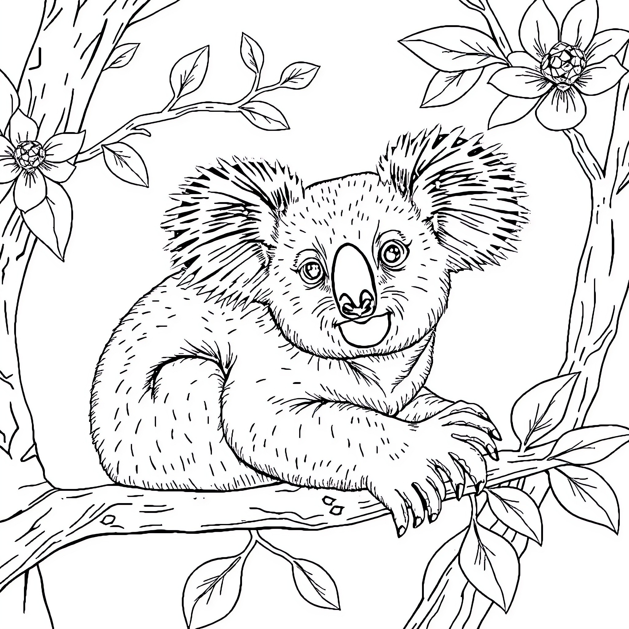 Koala sitting on tree branch with flowers Coloring Page (free black-and-white line drawing printable PDF for all, from beginners to advanced learners, including children, teens, adults, and seniors)