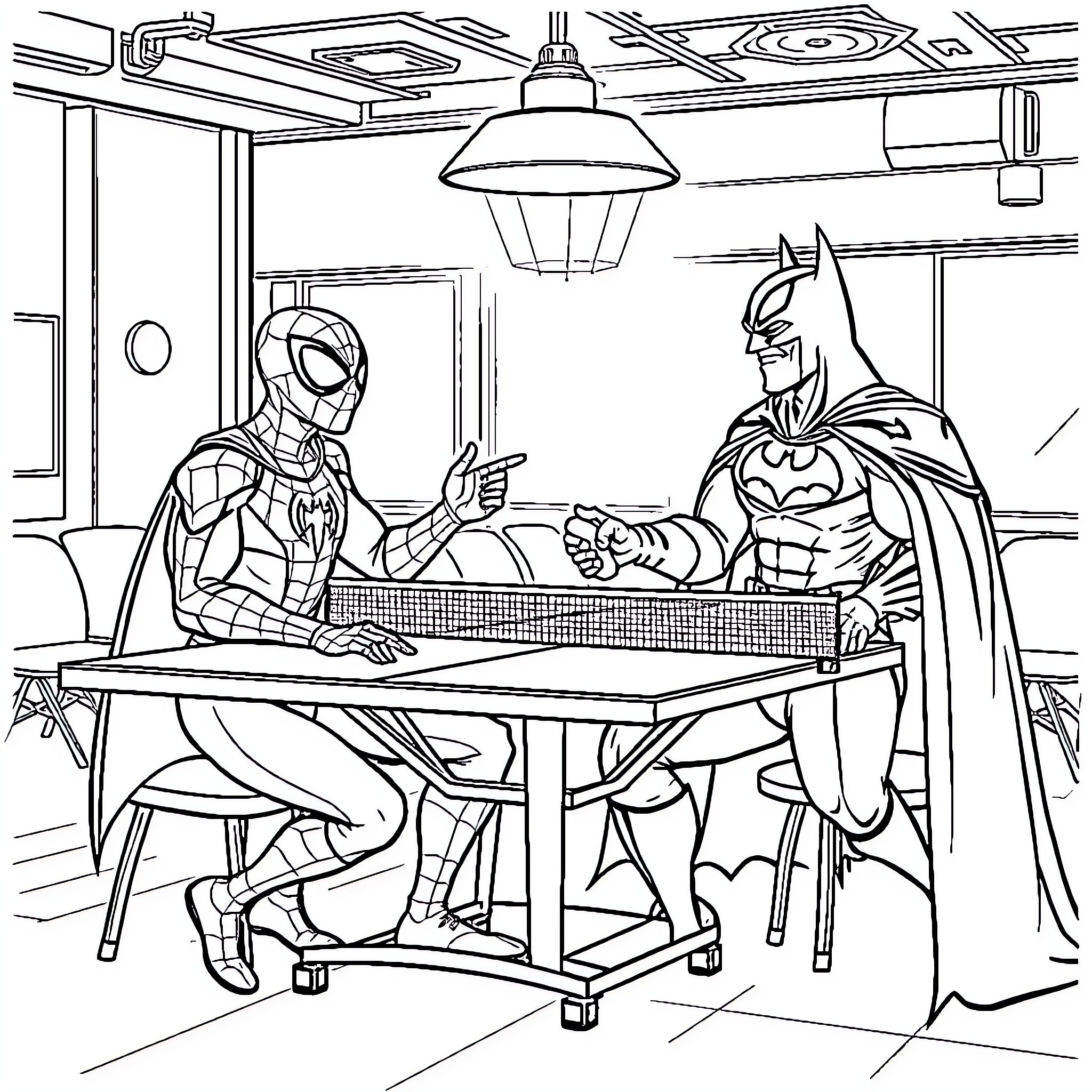 Spiderman and Batman having a conversation Coloring Page (free black-and-white line drawing printable PDF for all, from beginners to advanced learners, including children, teens, adults, and seniors)