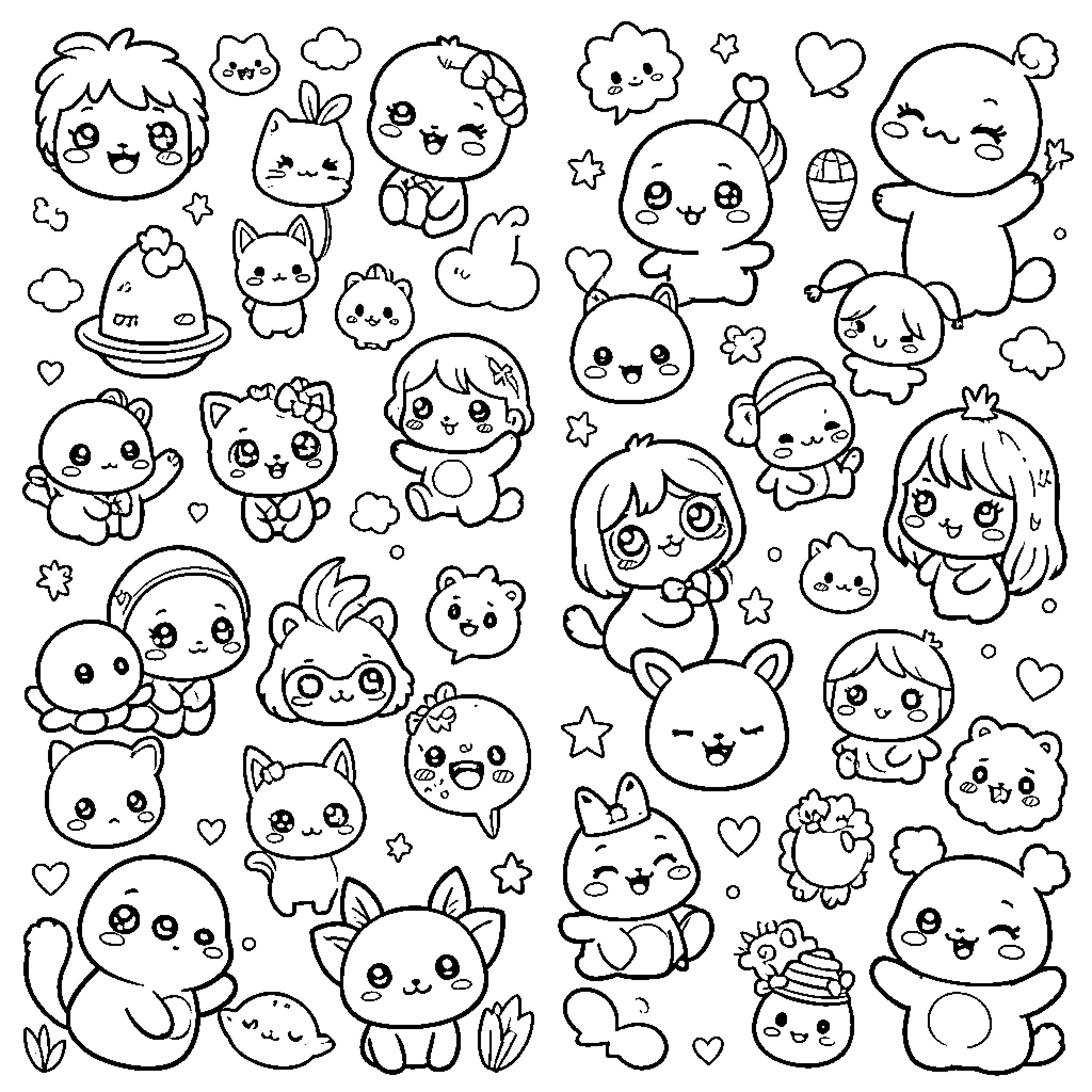 Kawaii characters in various cute poses Coloring Page (free black-and-white line drawing printable PDF for all, from beginners to advanced learners, including children, teens, adults, and seniors)