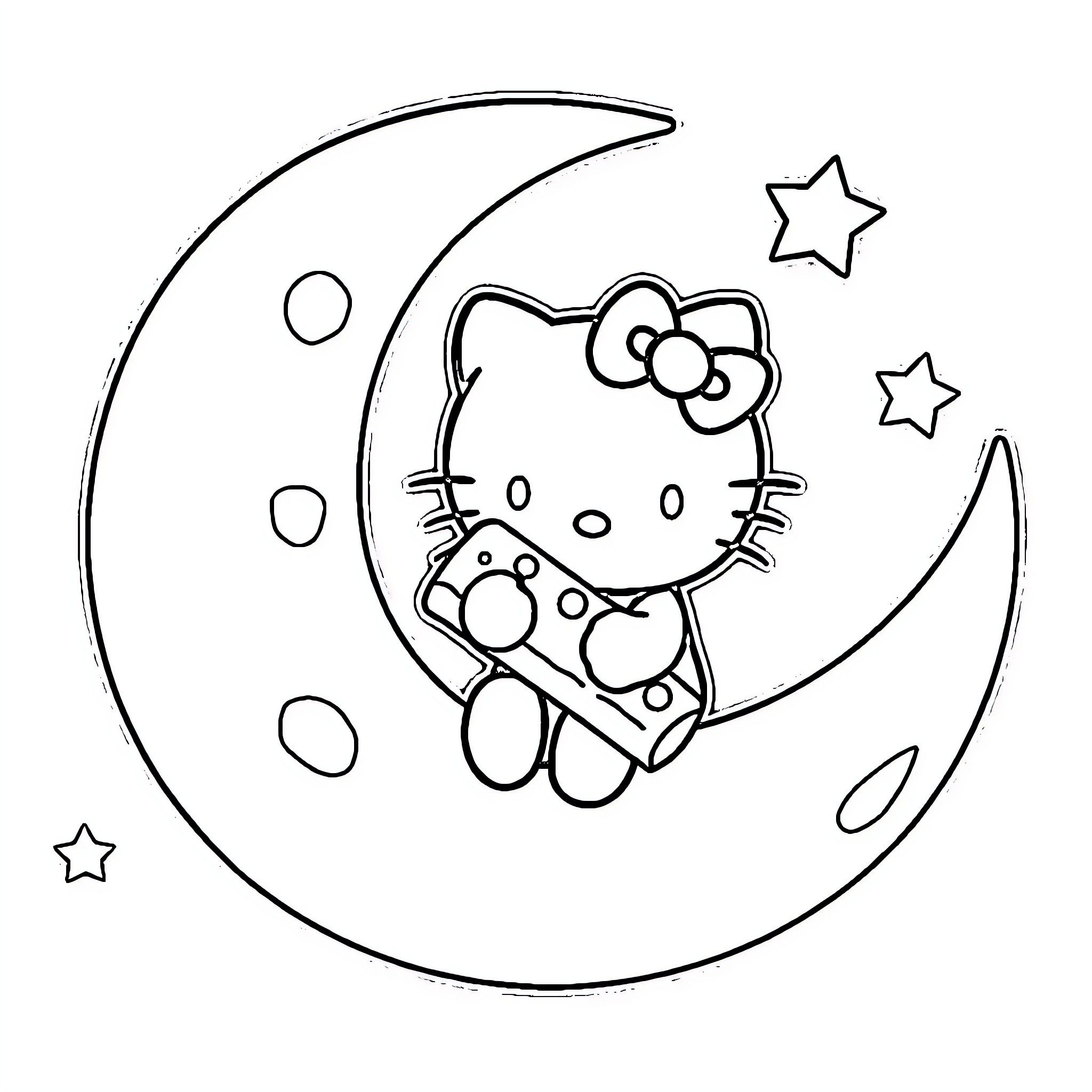 Hello Kitty sitting on the moon with stars Coloring Page (free black-and-white line drawing printable PDF for all, from beginners to advanced learners, including children, teens, adults, and seniors)