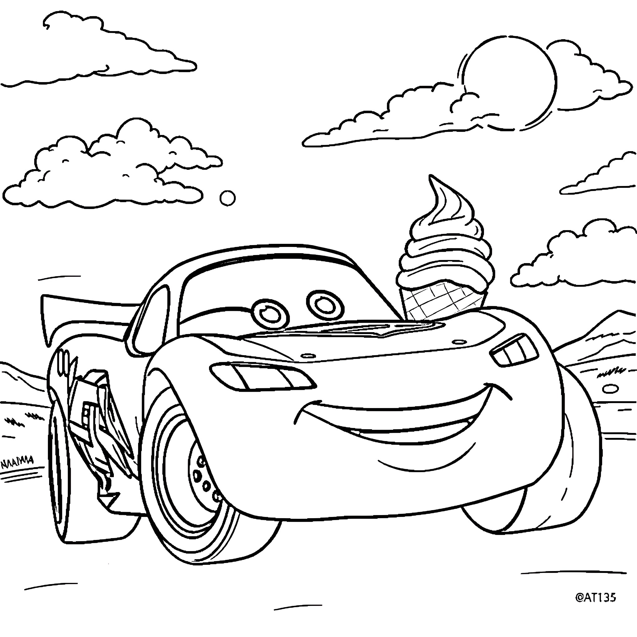 Lightning McQueen on the road with an ice cream Coloring Page (free black-and-white line drawing printable PDF for all, from beginners to advanced learners, including children, teens, adults, and seniors)