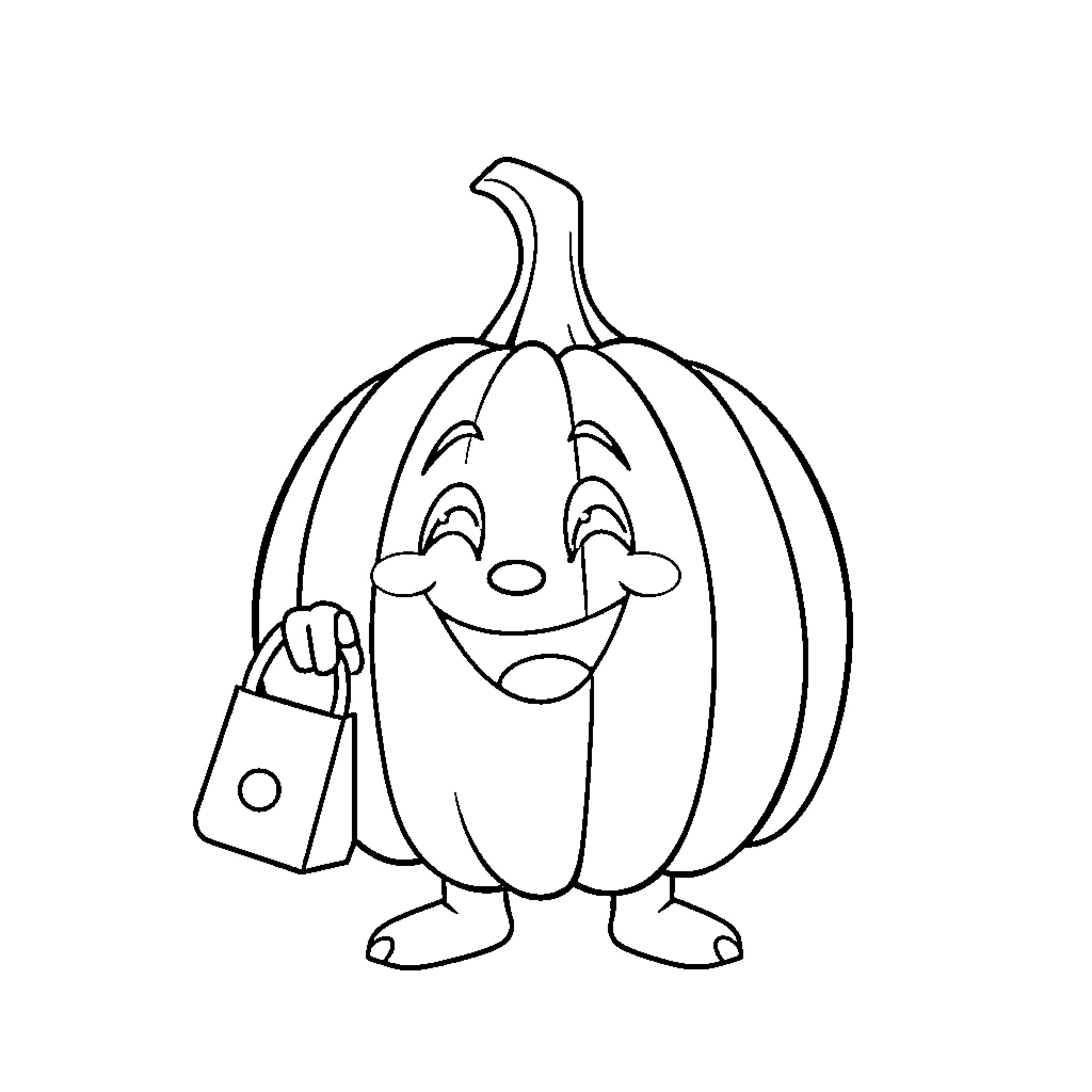 Pumpkin carrying a shopping bag happily Coloring Page (free black-and-white line drawing printable PDF for all, from beginners to advanced learners, including children, teens, adults, and seniors)