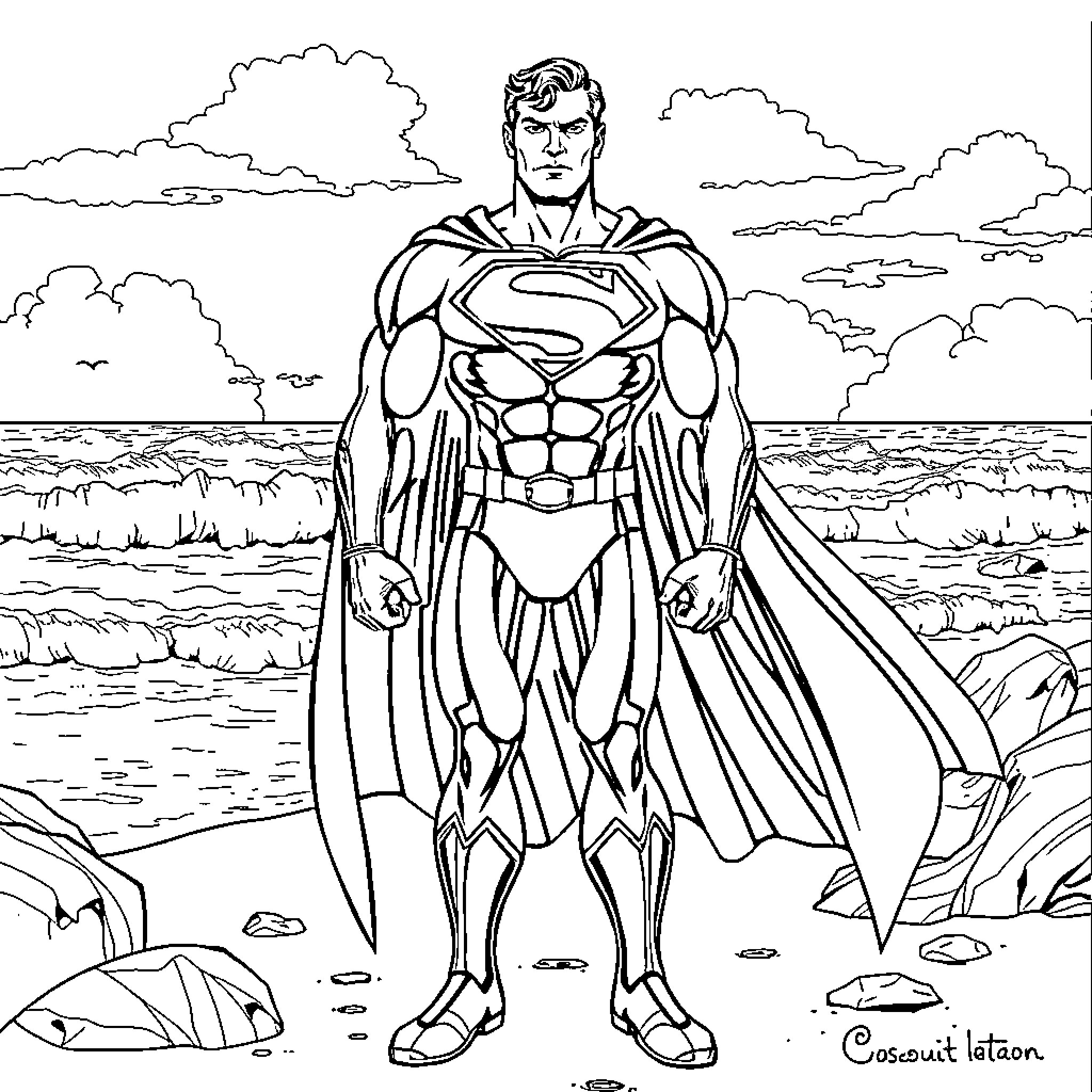 Super Man heroic pose on the beach Coloring Page (free black-and-white line drawing printable PDF for all, from beginners to advanced learners, including children, teens, adults, and seniors)