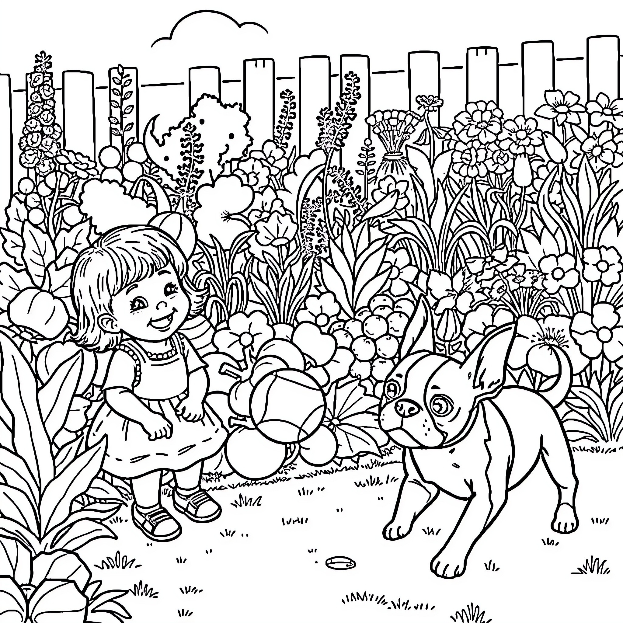 Girl explores nature's wonders with her playful companion Coloring Page (free black-and-white line drawing printable PDF for all, from beginners to advanced learners, including children, teens, adults, and seniors)