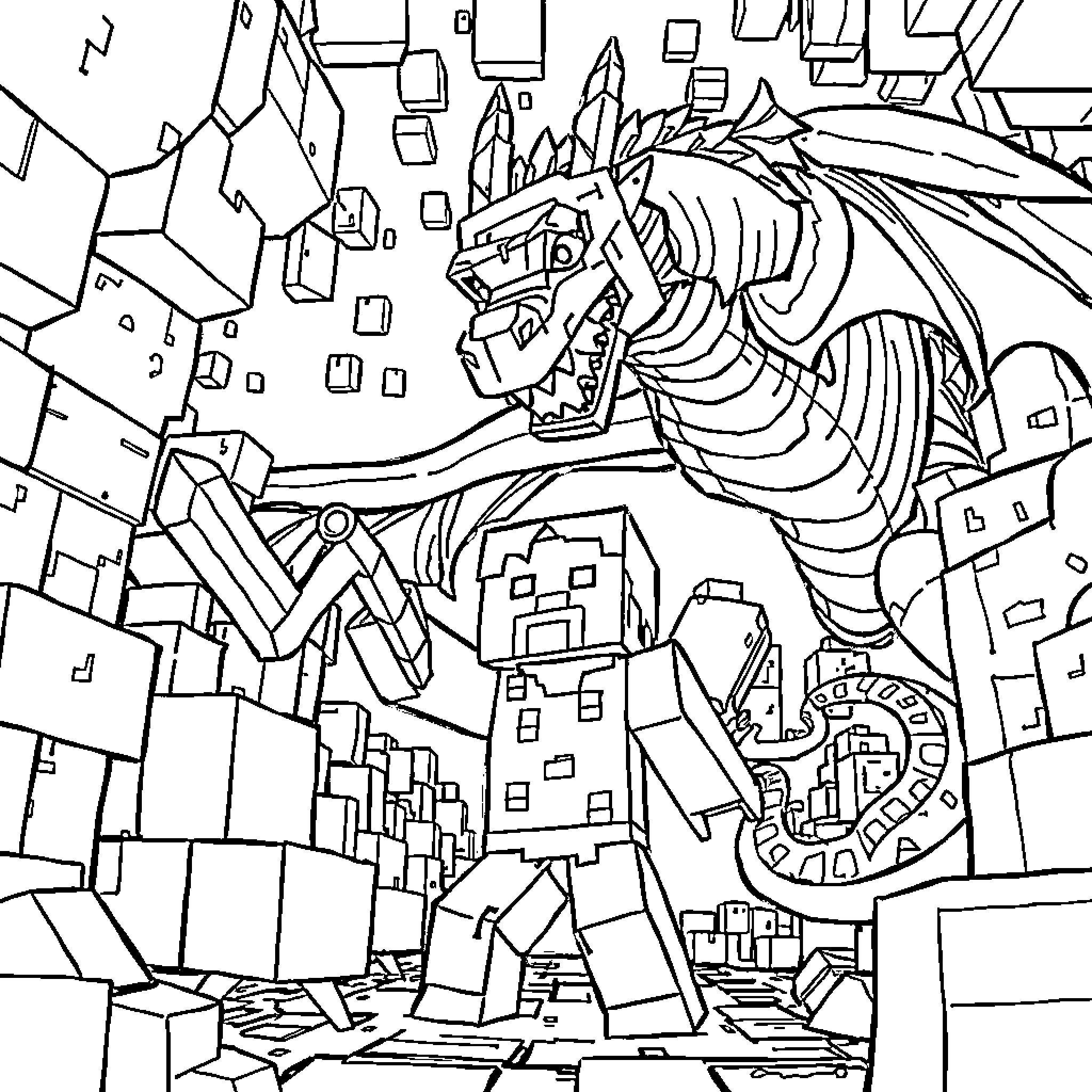 Steve's Encounter with the Fearsome Pixel Dragon Coloring Page (free black-and-white line drawing printable PDF for all, from beginners to advanced learners, including children, teens, adults, and seniors)