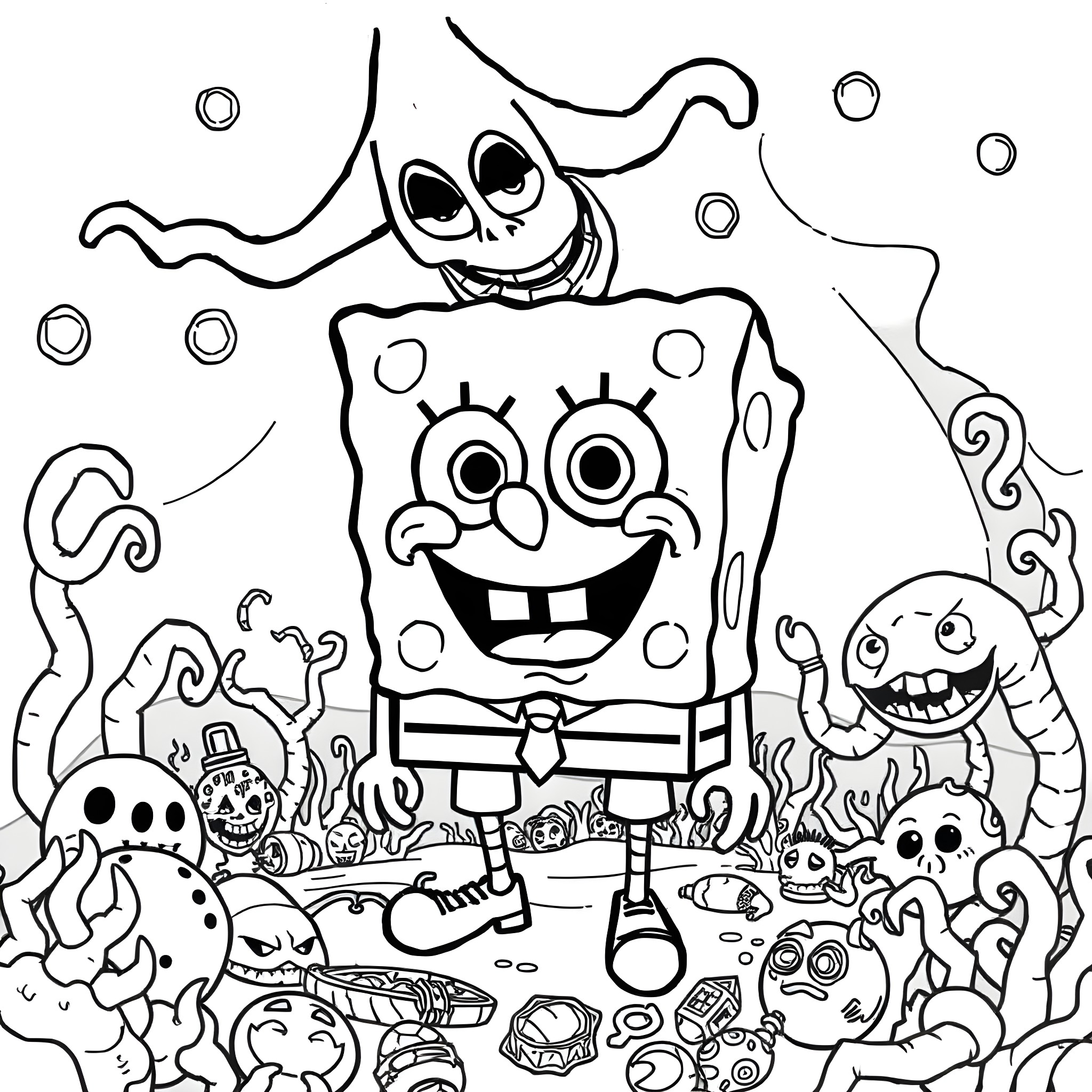 Spongebob surrounded by whimsical underwater creatures Coloring Page (free black-and-white line drawing printable PDF for all, from beginners to advanced learners, including children, teens, adults, and seniors)