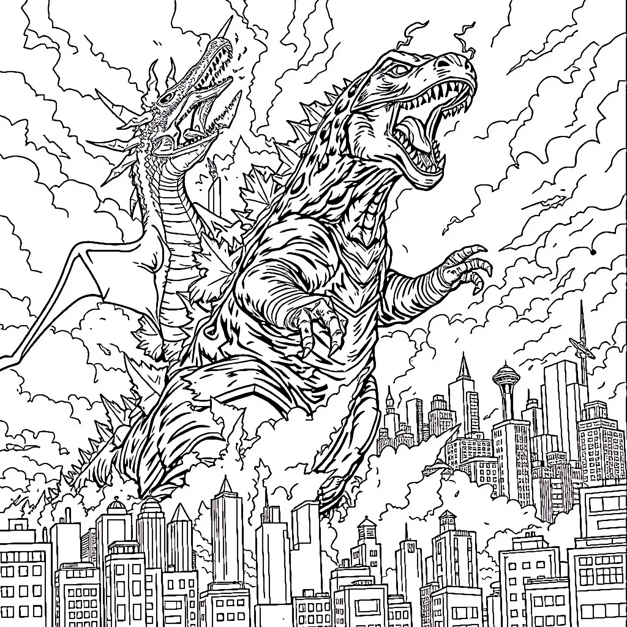Godzilla's Monstrous Rampage Through the City Coloring Page (free black-and-white line drawing printable PDF for all, from beginners to advanced learners, including children, teens, adults, and seniors)