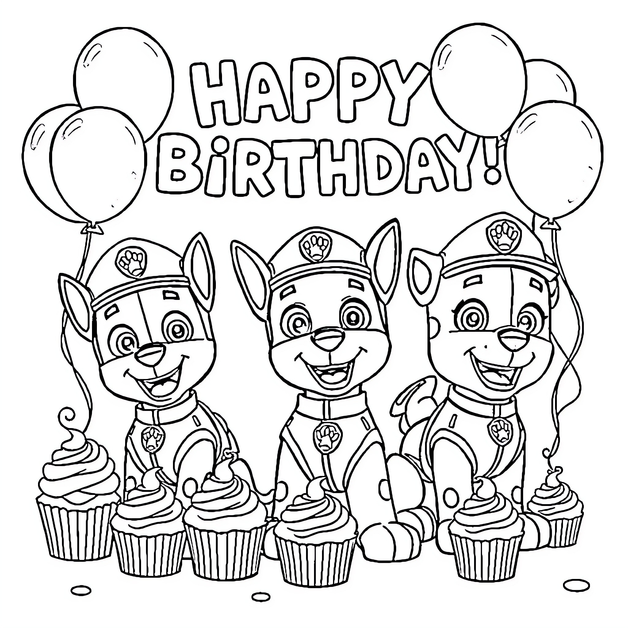 Paw Patrol Celebrate Happy Birthday with Cupcakes Coloring Page (free black-and-white line drawing printable PDF for all, from beginners to advanced learners, including children, teens, adults, and seniors)
