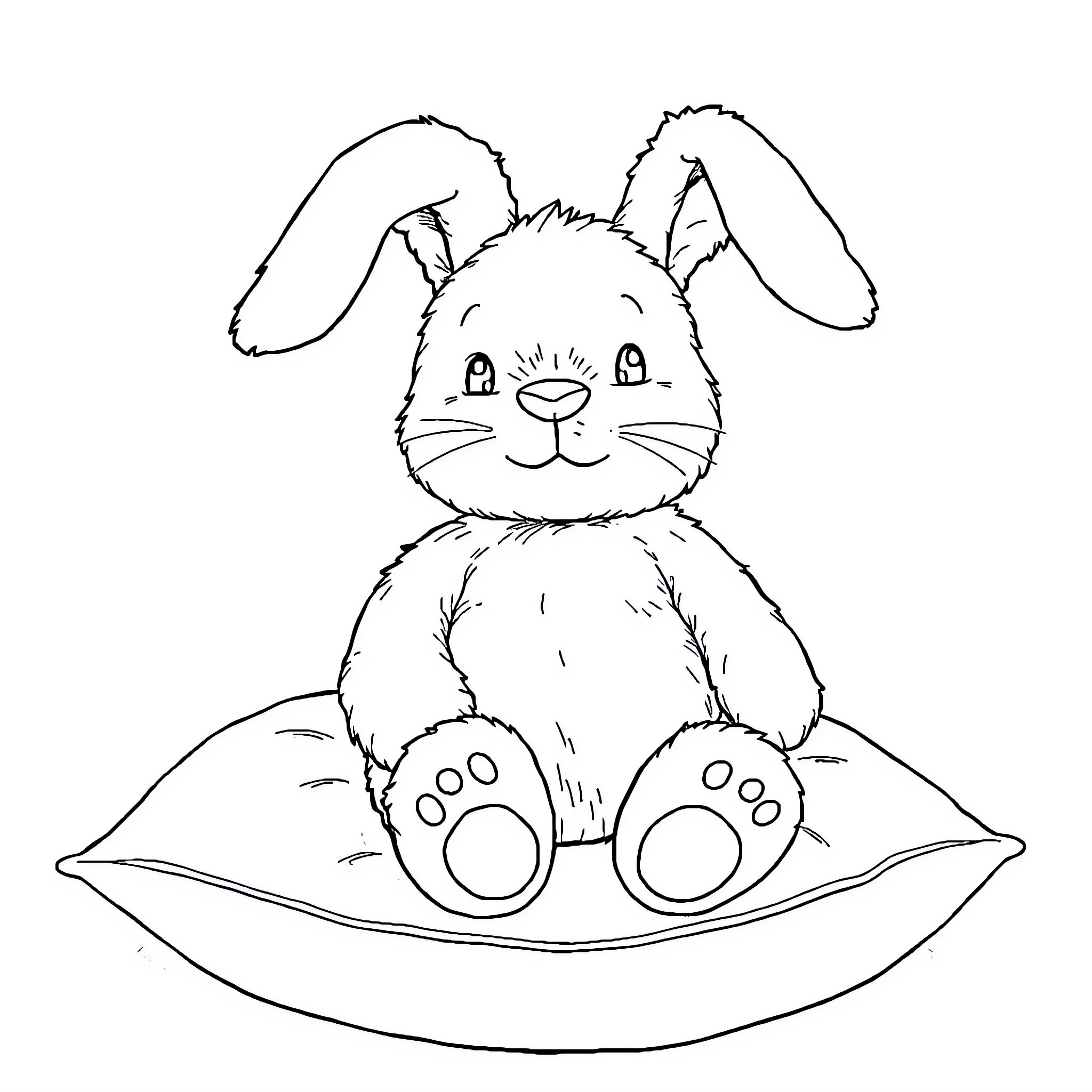 Bunny sitting peacefully on a cushion Coloring Page (free black-and-white line drawing printable PDF for all, from beginners to advanced learners, including children, teens, adults, and seniors)