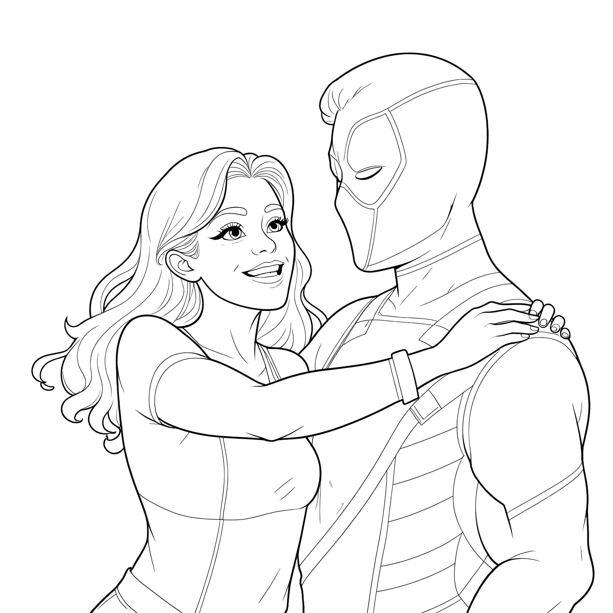 Deadpool and his romantic partner in a tender embrace Coloring Page (free black-and-white line drawing printable PDF for all, from beginners to advanced learners, including children, teens, adults, and seniors)