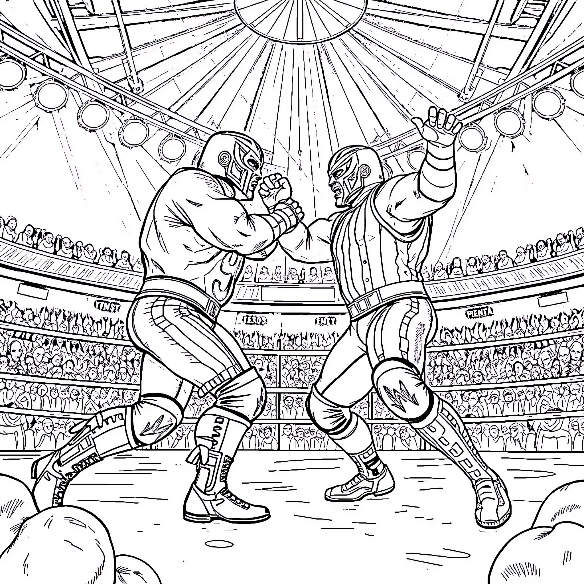Wrestlers engaged in an intense match in the arena Coloring Page (free black-and-white line drawing printable PDF for all, from beginners to advanced learners, including children, teens, adults, and seniors)