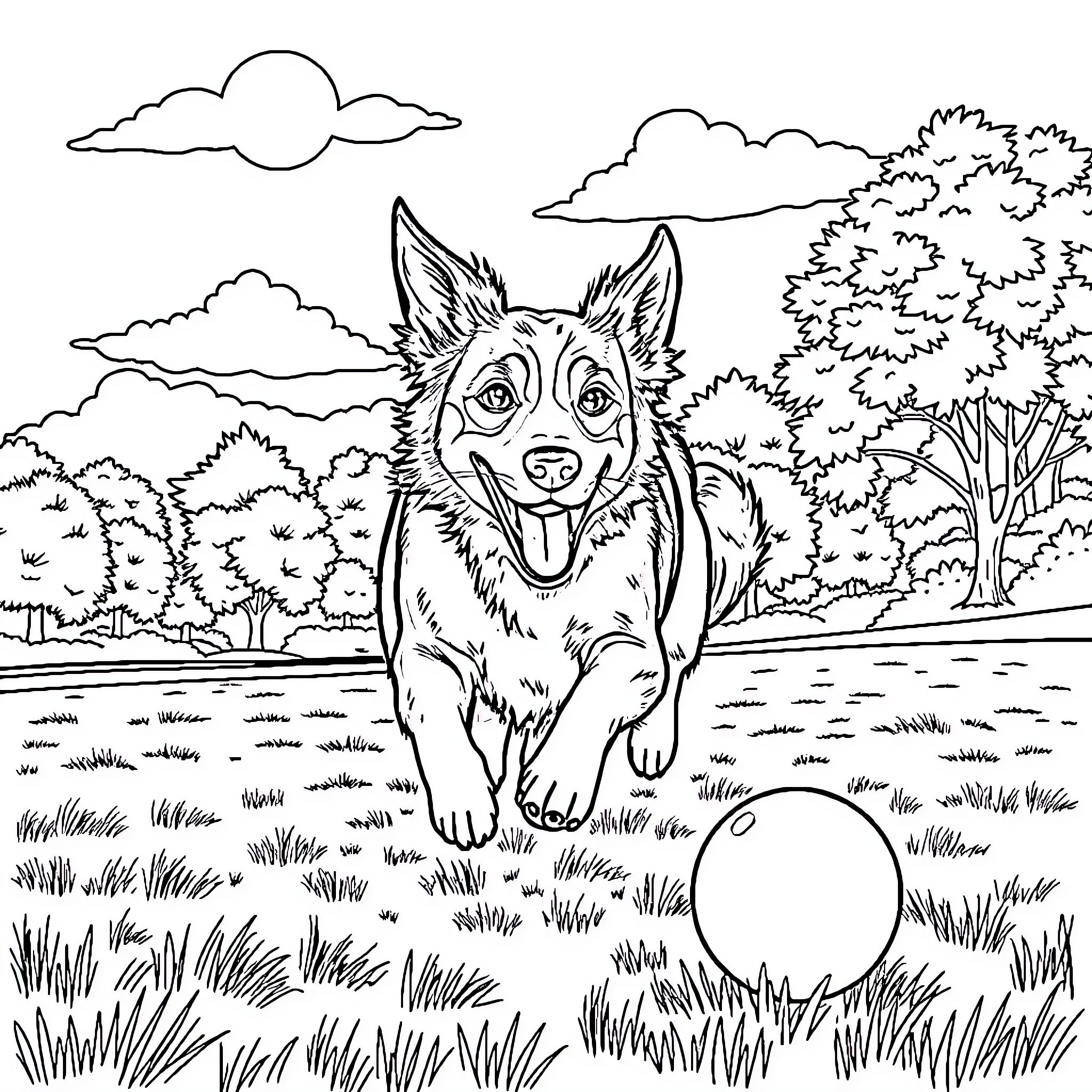 Cattle Dog playing happily in the countryside Coloring Page (free black-and-white line drawing printable PDF for all, from beginners to advanced learners, including children, teens, adults, and seniors)