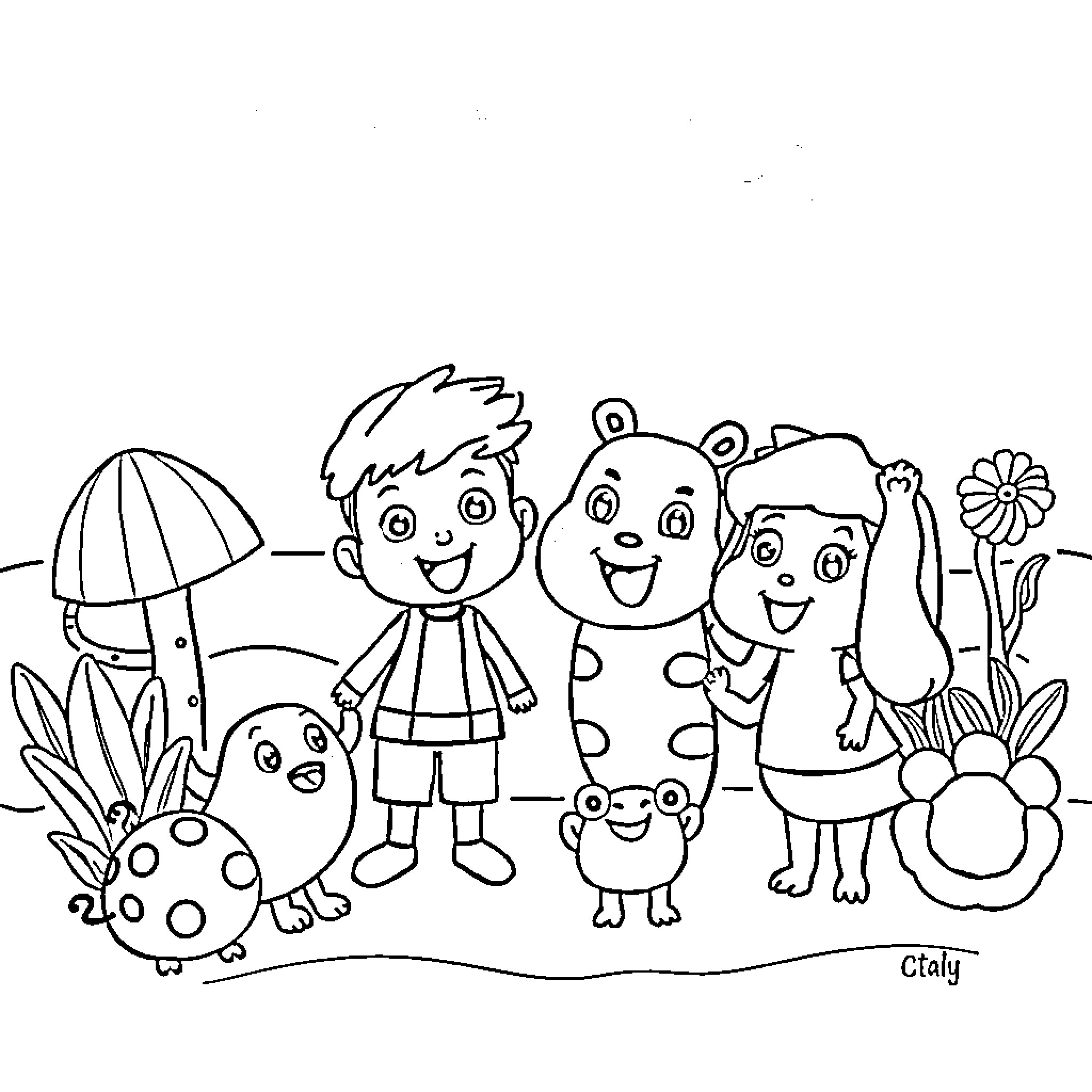Toca Boca characters playing together in nature Coloring Page (free black-and-white line drawing printable PDF for all, from beginners to advanced learners, including children, teens, adults, and seniors)