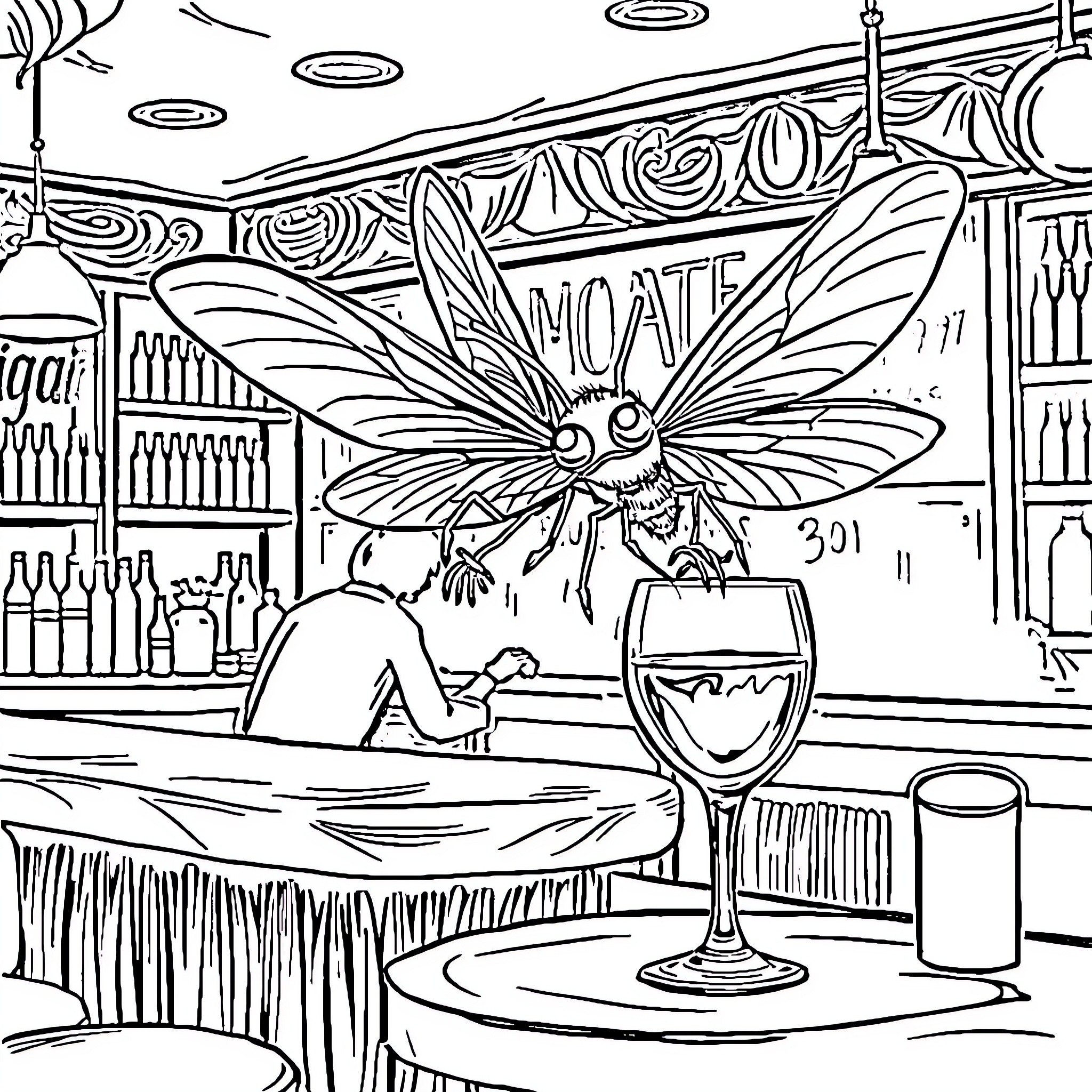 Fly into the Moate bar with whimsical decor Coloring Page (free black-and-white line drawing printable PDF for all, from beginners to advanced learners, including children, teens, adults, and seniors)