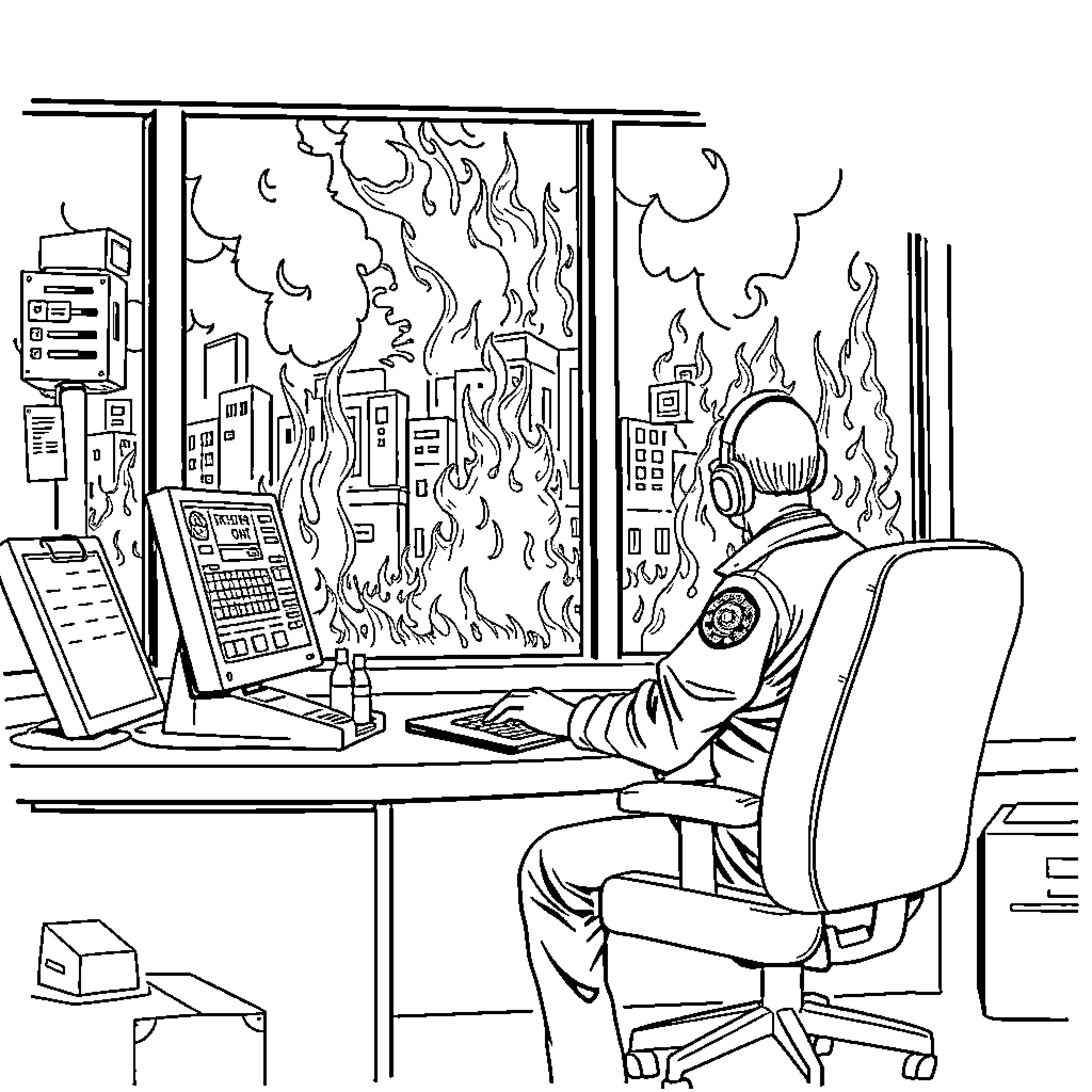 Dispatcher maintaining control during a crisis Coloring Page (free black-and-white line drawing printable PDF for all, from beginners to advanced learners, including children, teens, adults, and seniors)