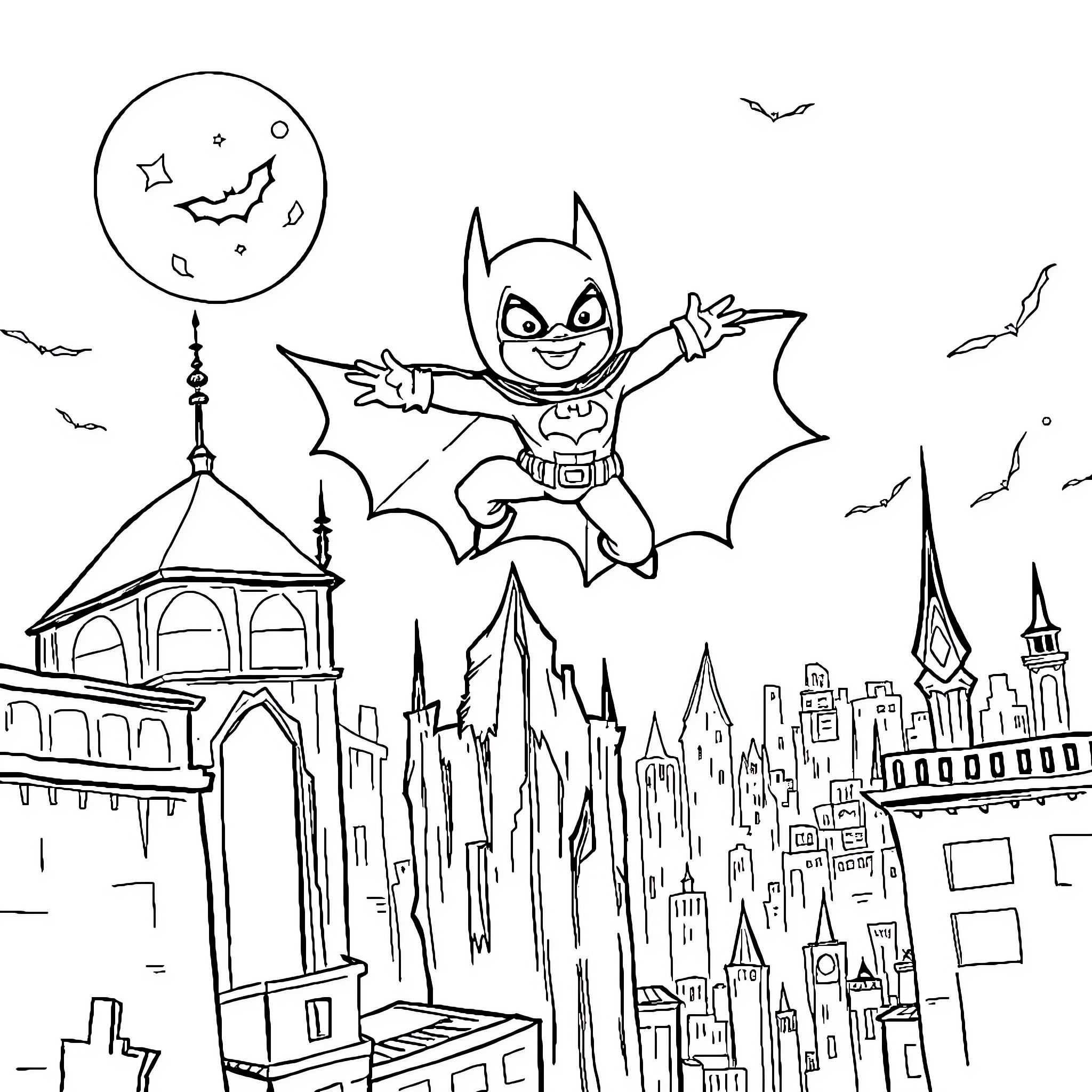 Batman flying through the night over Gotham City Coloring Page (free black-and-white line drawing printable PDF for all, from beginners to advanced learners, including children, teens, adults, and seniors)