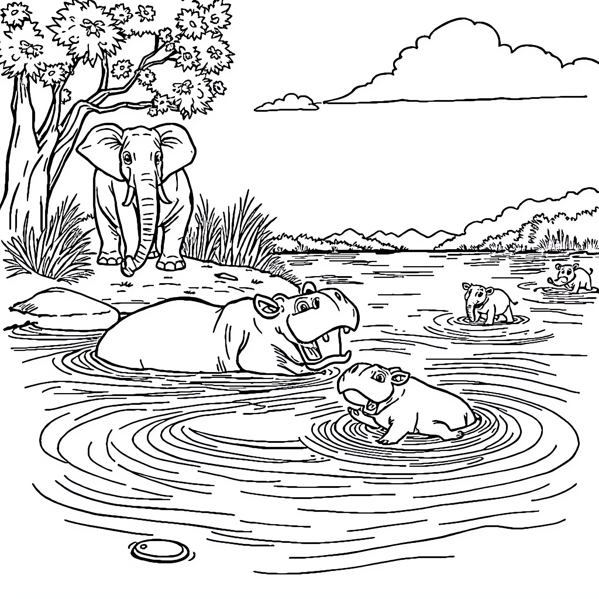 Hippo family swimming in the wild Coloring Page (free black-and-white line drawing printable PDF for all, from beginners to advanced learners, including children, teens, adults, and seniors)