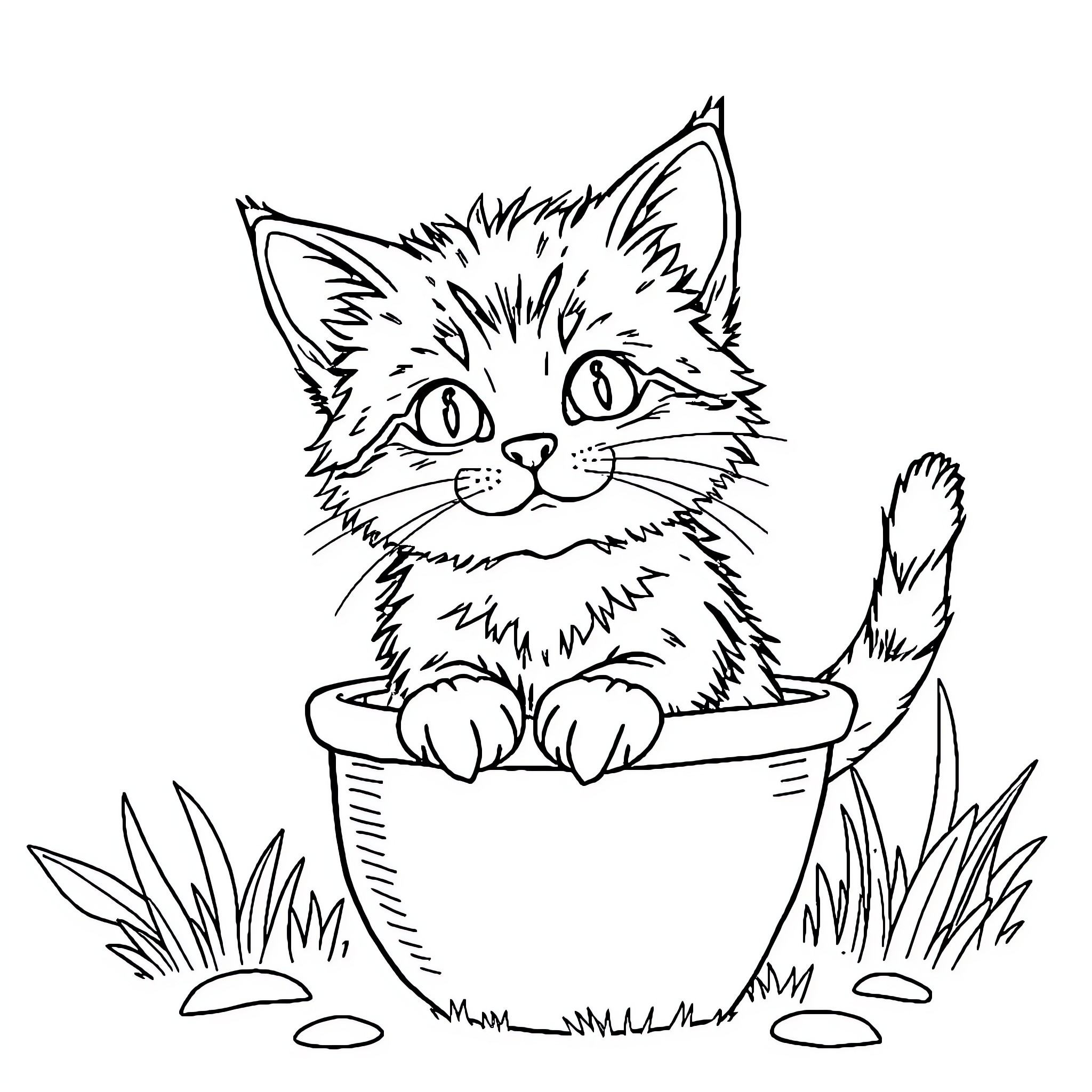 Cat in a pot looking curious Coloring Page (free black-and-white line drawing printable PDF for all, from beginners to advanced learners, including children, teens, adults, and seniors)