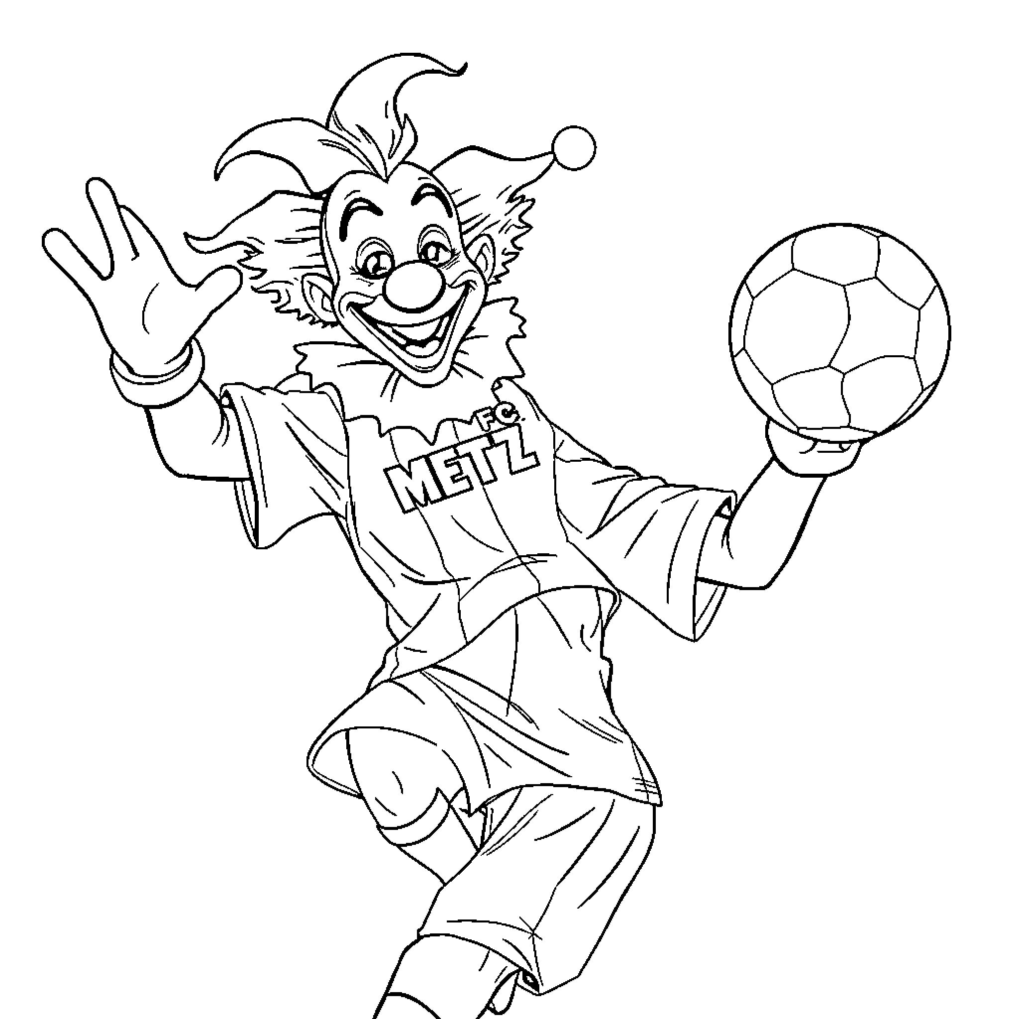 Clown Joyfully Playing with Soccer Ball Coloring Page (free black-and-white line drawing printable PDF for all, from beginners to advanced learners, including children, teens, adults, and seniors)