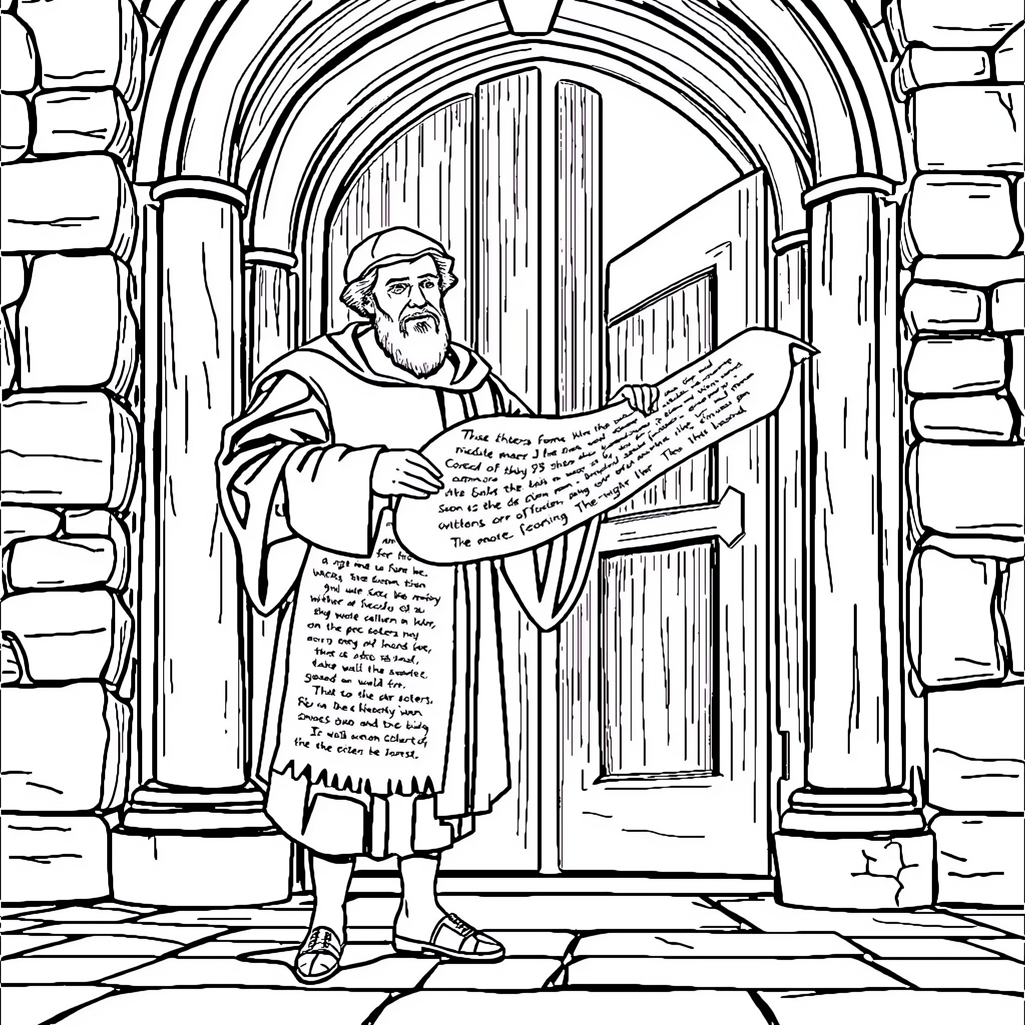Martin Luther Presenting Theological Teachings in Church Doorway Coloring Page (free black-and-white line drawing printable PDF for all, from beginners to advanced learners, including children, teens, adults, and seniors)